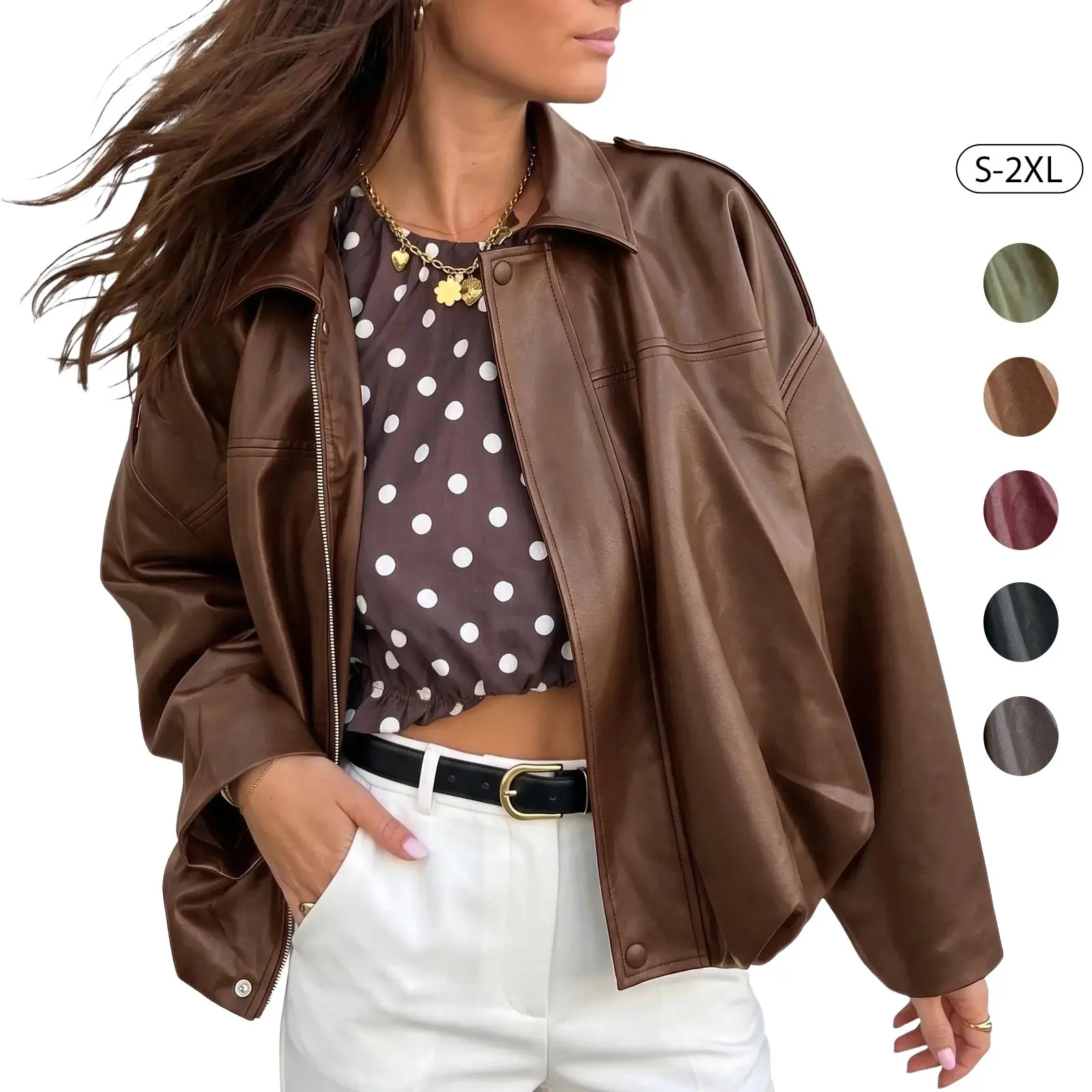 TANKANEO Women Loose Fit Brown Vegan Leather Motorcycle Jacket Lapel Collar