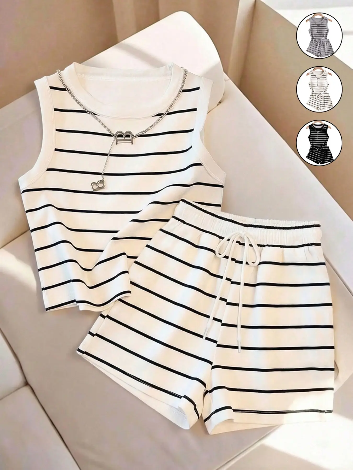Women's 2-Piece Set, Striped Round Neck Tank Top and Shorts, Comfortable Casual Outfit for Daily Wear and Relaxing Days