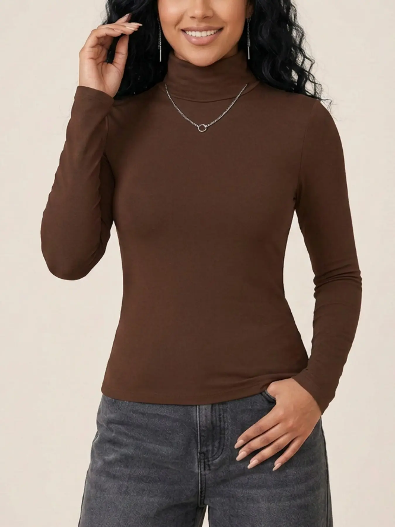 Soft Stretchy Skin‑Friendly Thermal Undershirt, Ladies Solid Color Turtleneck Long‑Sleeve Basic Top, Slim Fit Warm Winter Base Layer, Comfy Daily Casual & Trendy Going‑Out Wear for Young Girls