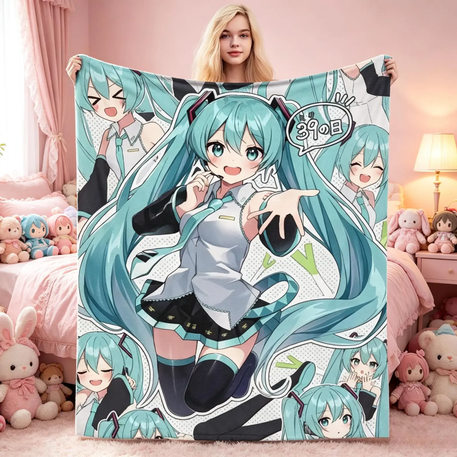 Vocaloid Kawaii Hatsune Miku Themed Flannel Throw Blanket - Anti-Pilling, Soft, Fluffy, Breathable Multi-Functional Cover with Full Print Manga Panel Collage Twin Tail Design, for Bedroom Sofa, Indoor-Outdoor Use