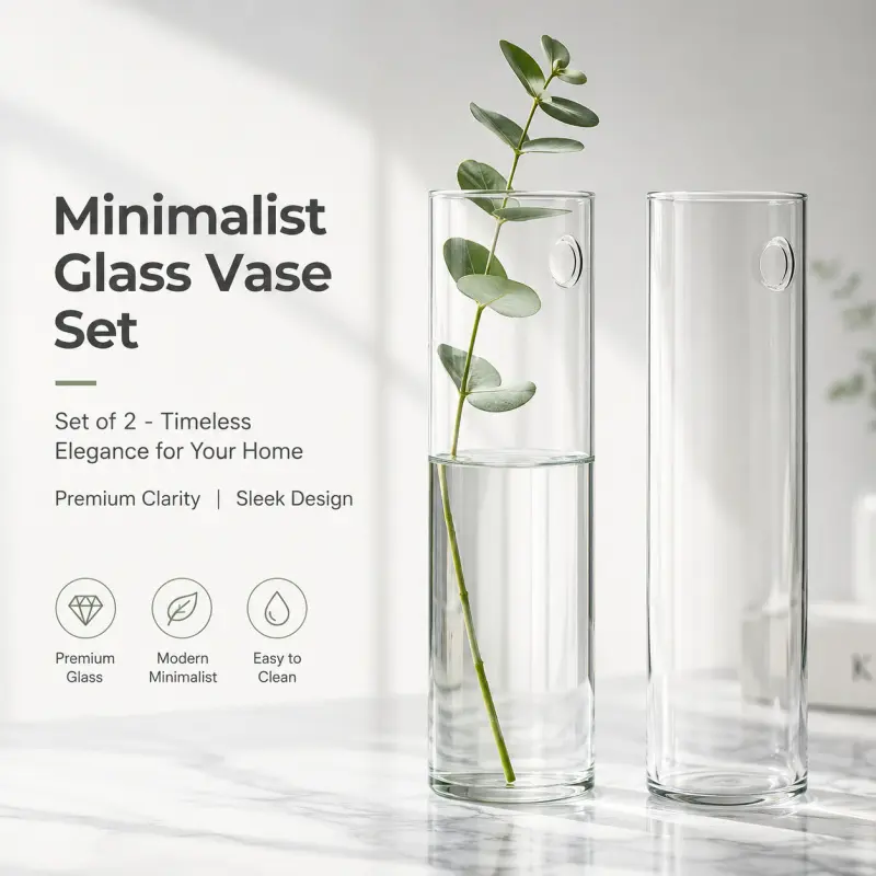 Set of 2 Minimalist Clear Glass Vases, Tall Cylinder Wall-Mounted Flower Vases, Modern Decor for Home, Wedding & Office, Transparent
