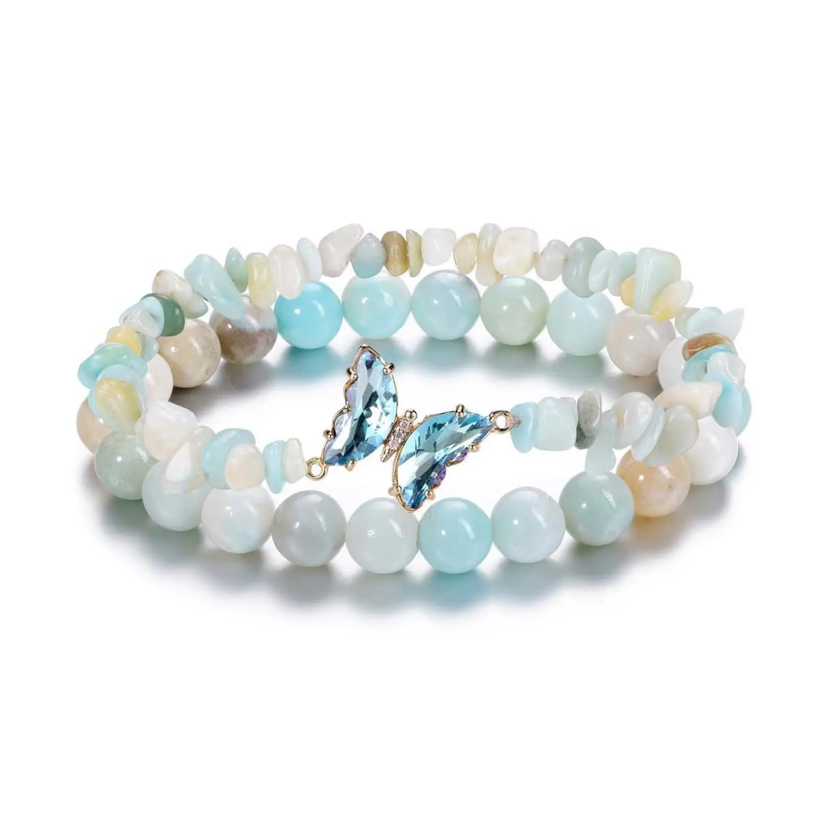 Women's Amethyst Butterfly Charm Bracelet Set - Stretch Natural Stone Beads Bracelet with Round Beads, Chip Stone Accents, Dainty Purple Crystal Wrist Jewelry, Stackable Accessory for Adults' Daily Wear, Birthday Gift for Female