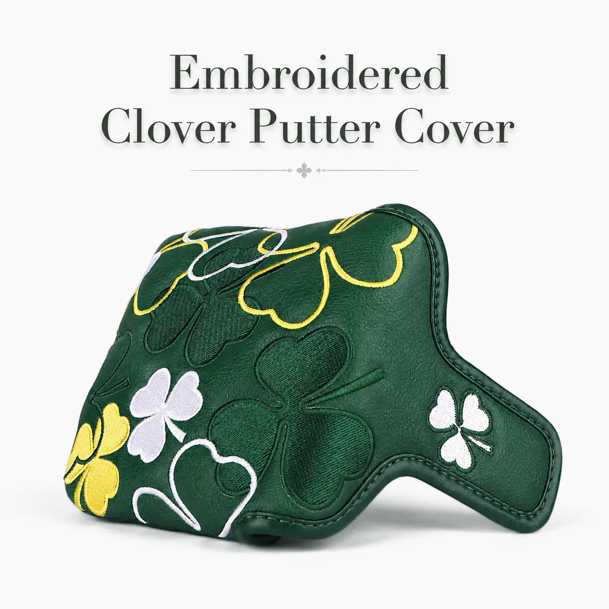 Premium Embroidered Four-Leaf Clover Golf Putter Head Cover, Fits Standard Blade and Mallet Putters, Heavy-Duty Polyester Exterior With Soft Inner Lining, Golf Club Protector for Travel and Storage