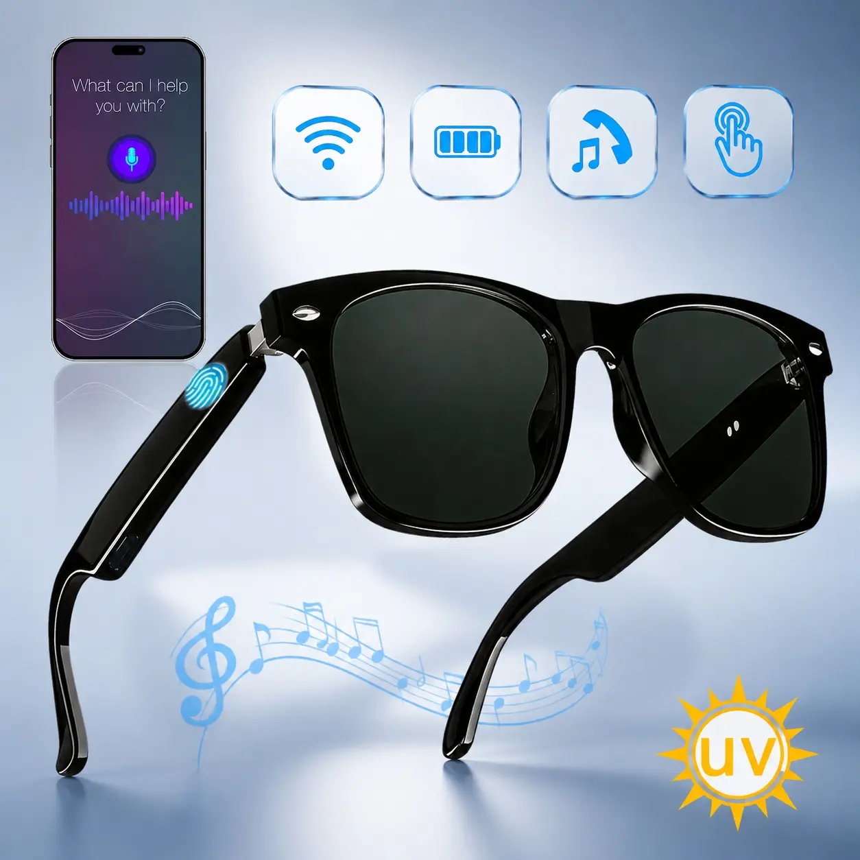 Smart Glasses,Bluetooth Glasses with Touch Control, Open-Ear Audio, Hands-Free Calling, Voice Assistant Control, Mic & Speaker, UV Protection Sunglasses, Lightweight Design for Travel, Cycling, Driving & Daily Use & Gift, Wearable Tech Glasses