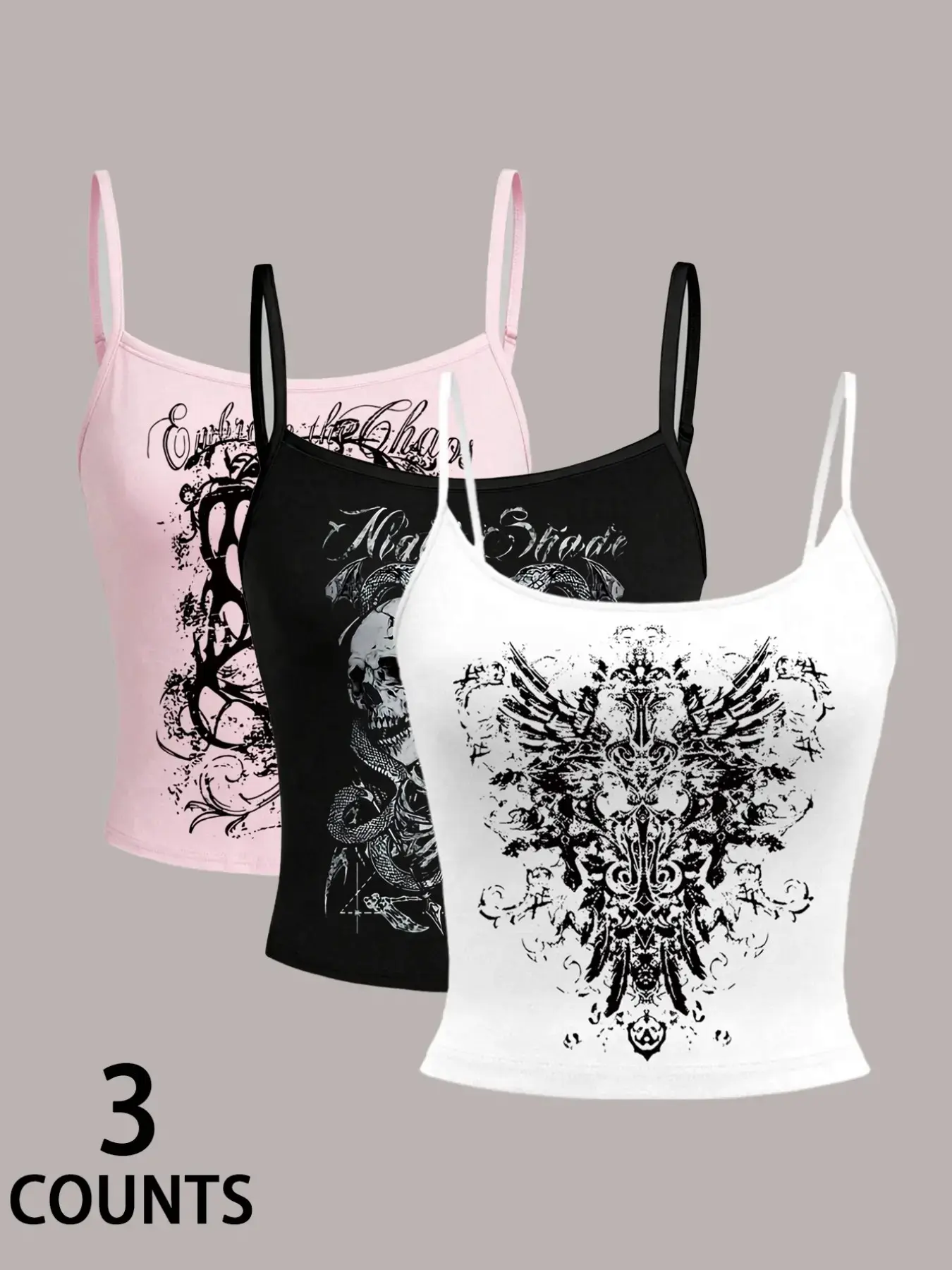 Women’s 3 Pack Y2K Graphic Cami Crop Tops, Spaghetti Strap Sleeveless Tank Tops with Gothic Skull Wing Prints for Streetwear, Festival, Going Out, Layering and Summer Casual Outfits