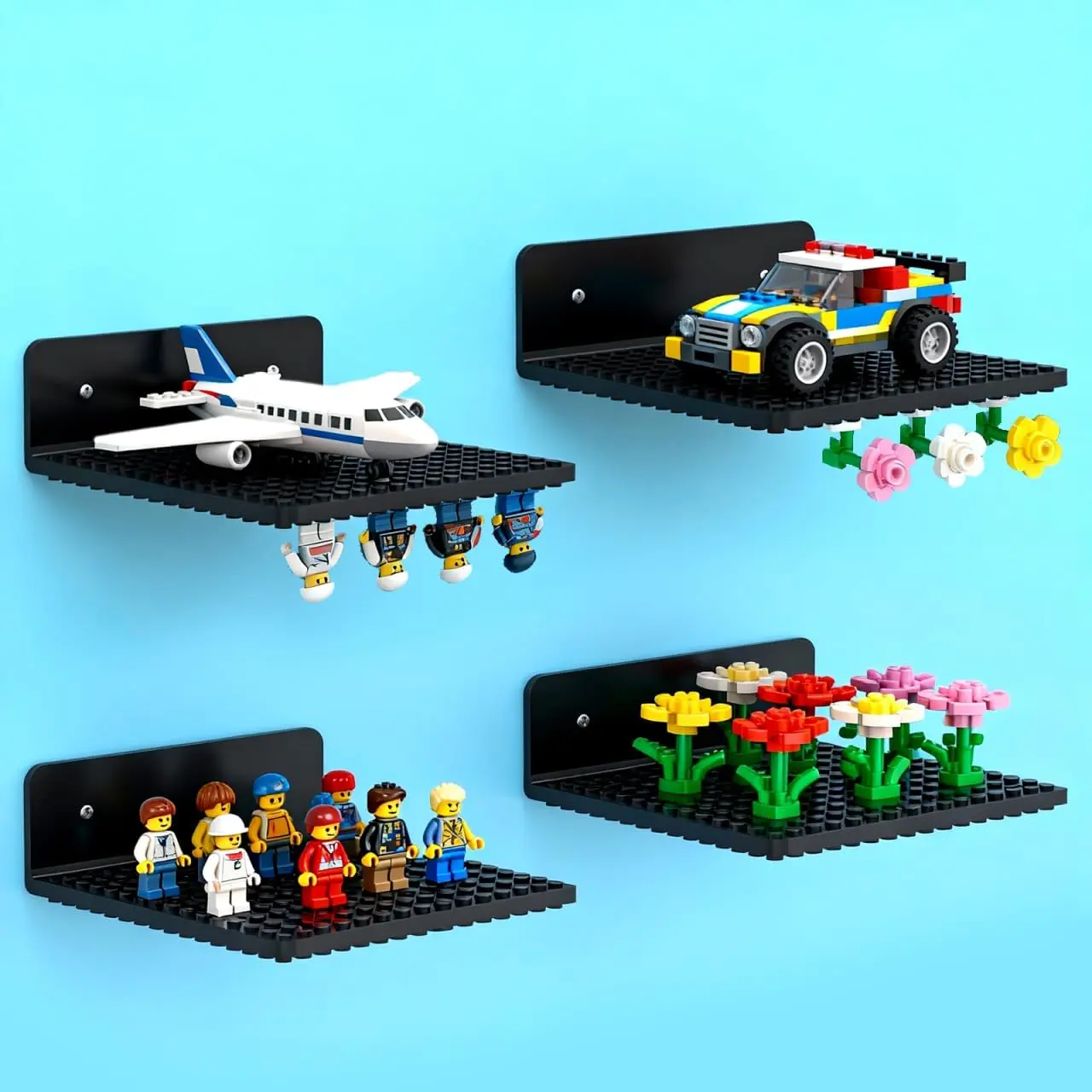 4 Pack Shelves Floating for Lego Building Bricks, Dual‑Sided 16x16 Studs for Lego Brick, Floating Shelves for Wall, Storage, Shelf & Display Case Wall Mount Compatible with Most Building Bricks(Black)