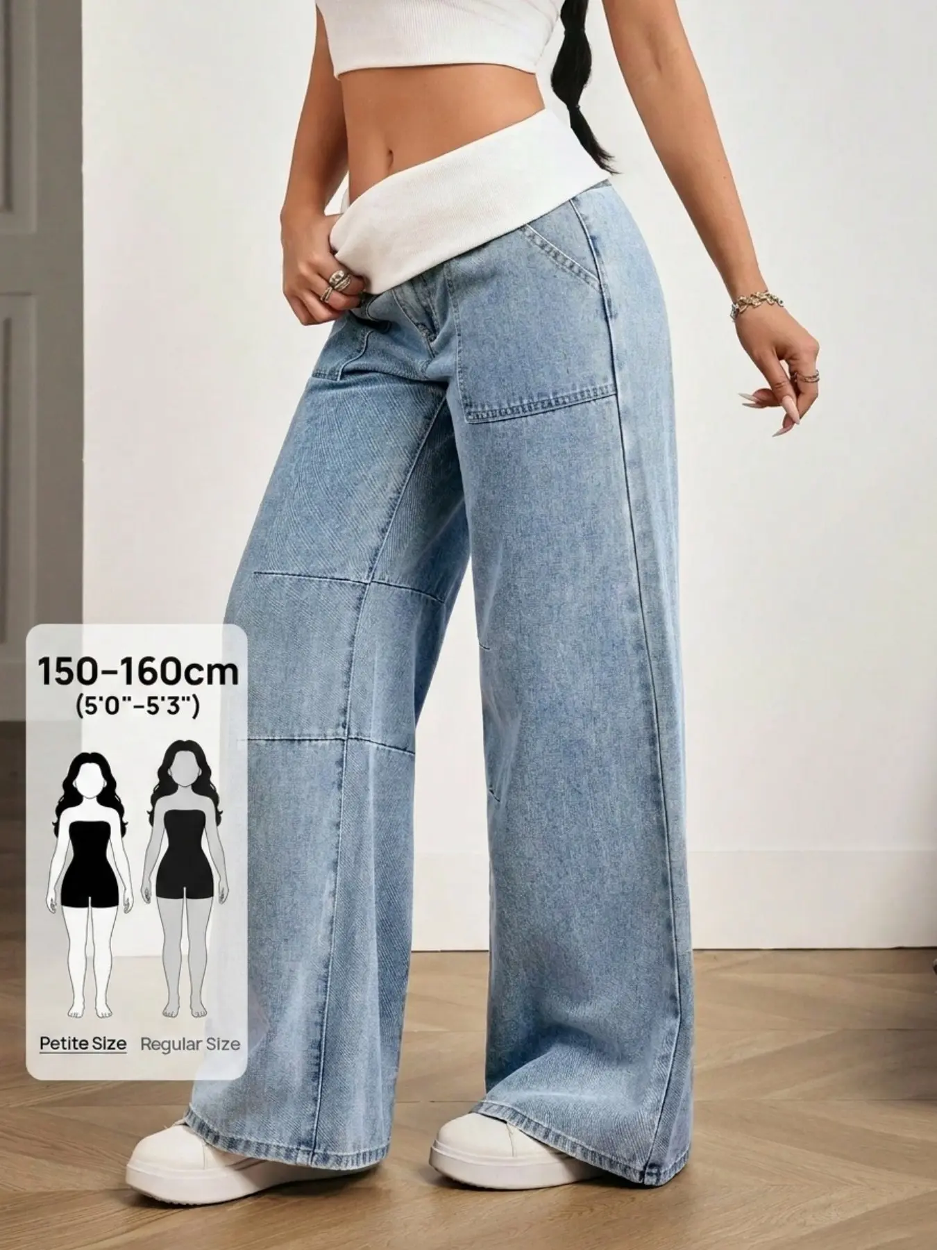 Women's Light Blue Wide-Leg Jeans, Loose-Fit Straight Leg Pants with Large Pockets, Casual Daily Wear, Commute, Date, City Walk