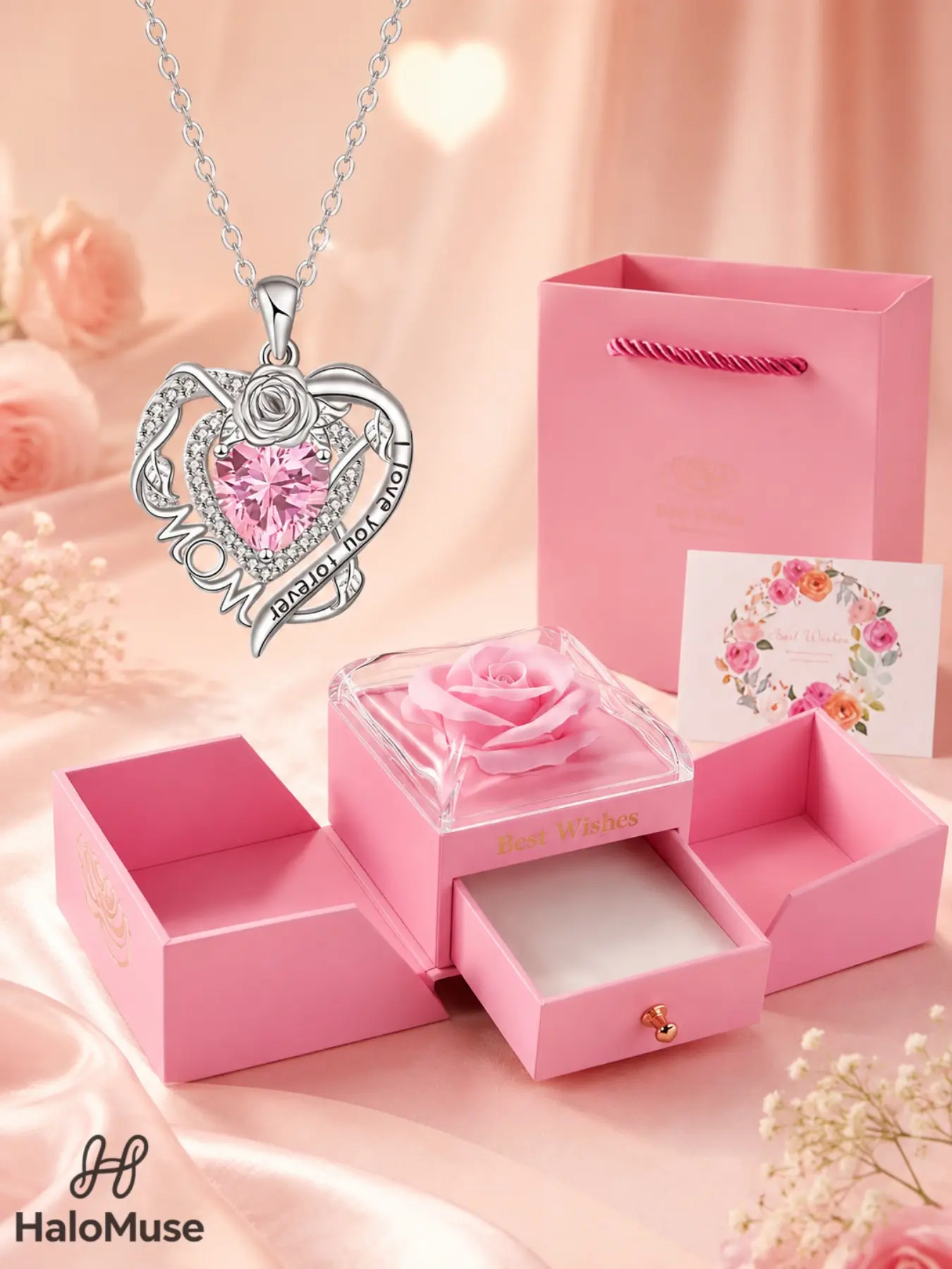 Halo Muse 1 Set MOM Rose Heart Birthstone Necklace 4 Colors Rose Gift Box Set, Warm Vibe, 4 Colors Diamond Mom Pendant, Double Open Rose Box with Card, Mother's Day Birthday Gift for Mom, Versatile Clavicle Chain