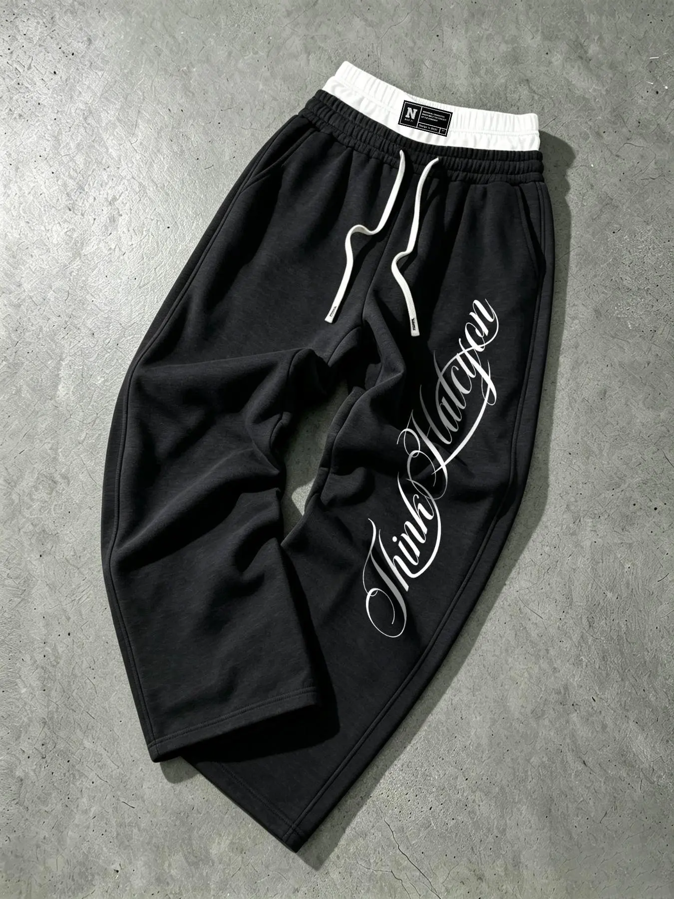 Y2K Retro Skater Mens Double Waist Layered Sweat Pants, Activewear, Black Loose Wide Leg Culotte Pants Vintage Hand Script Graphic Breathable Anti Wrinkle Fleece Fabric Stretch Elastic Drawstring Waist Hidden Side Pocket Casual Bottoms For Campus Daily N