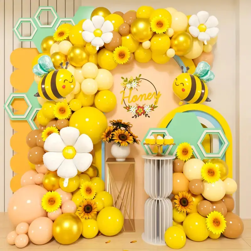 117PCS Bee Balloon Garland Arch Kit, Yellow Gold Sunflower Daisy Latex Balloons with Bee Foil Balloons, Honey Bee Themed Party Decor, Balloon Arch Kits for Baby Shower Kids Birthday