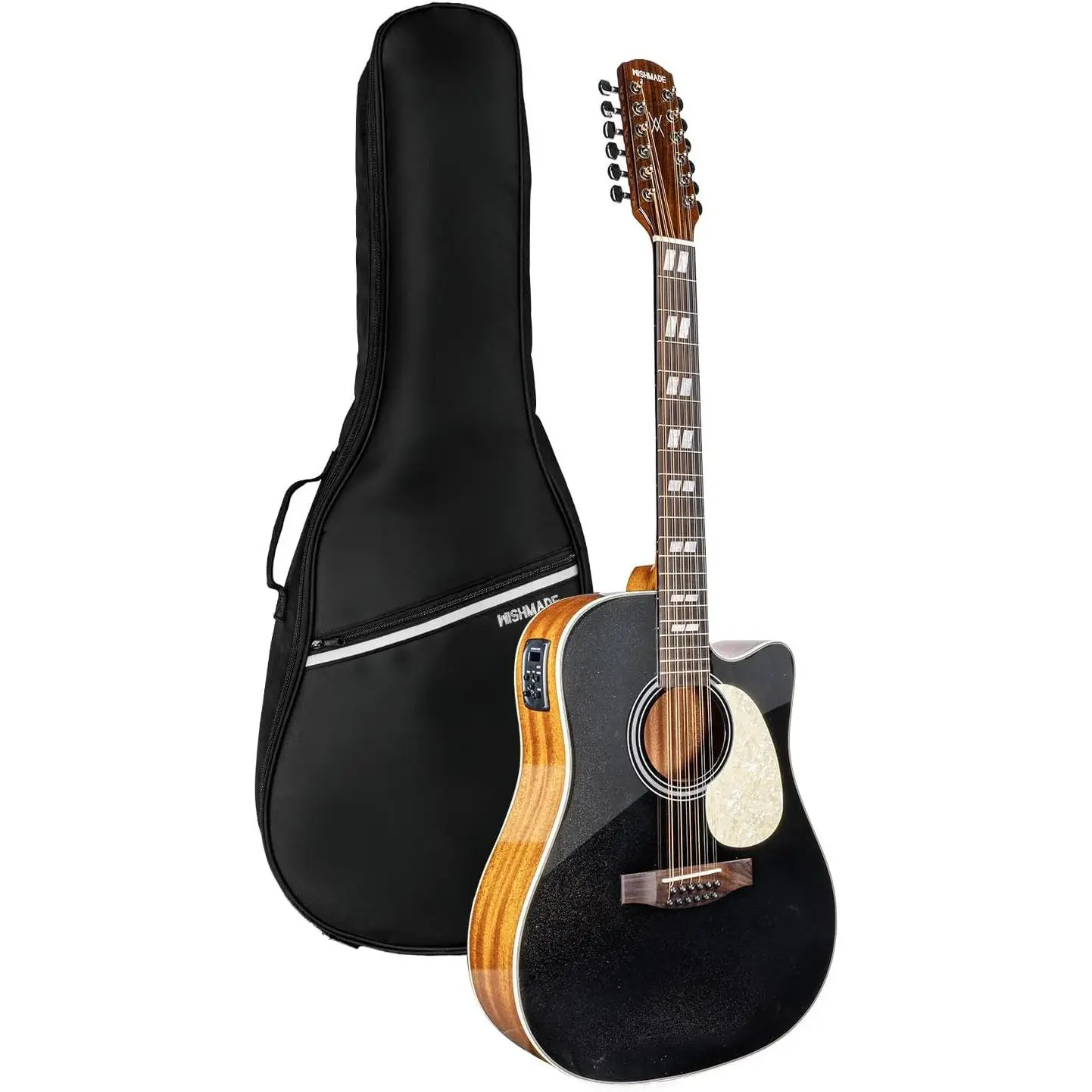 WishMade 12 String Acoustic Electric Guitar |   Dreadnought Cutaway Black |   Spruce top and mahogany back for warm rich sound,GA-4T pickup with built in tuner and 3 band EQ