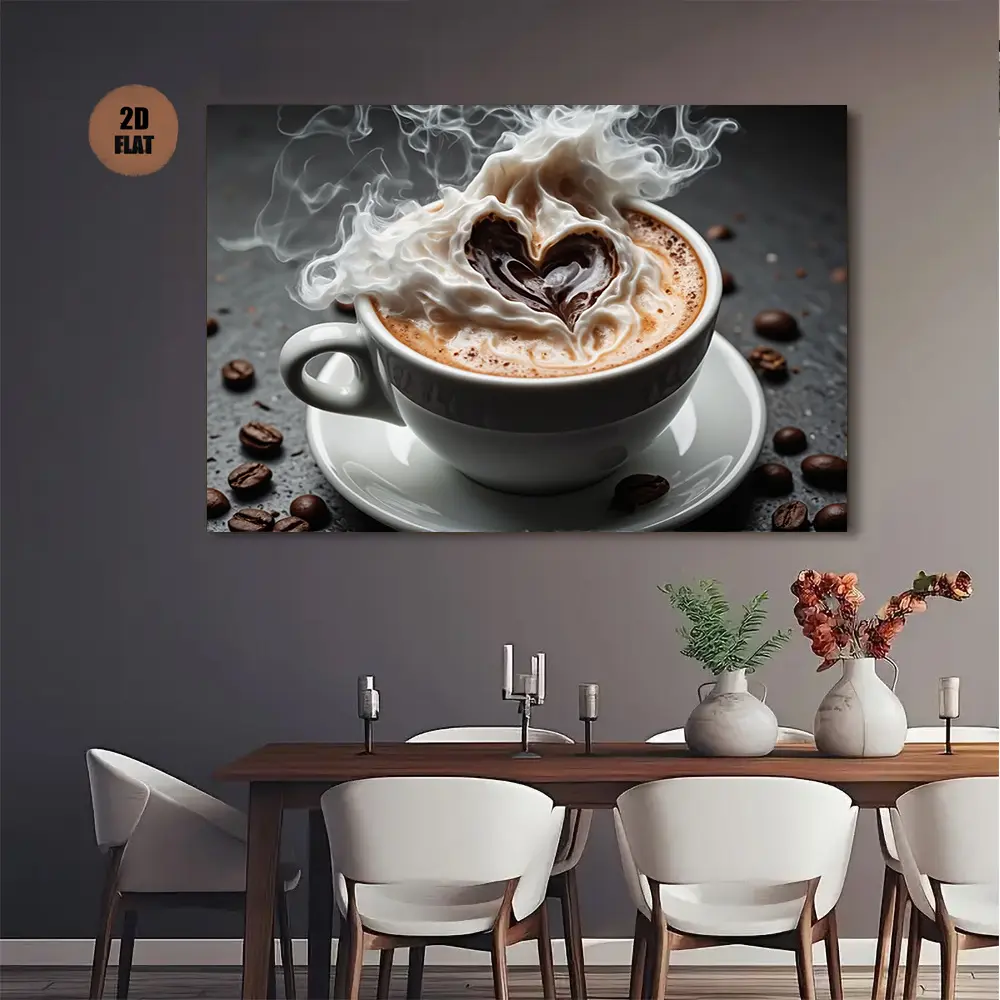 1 piece vintage coffee latte art poster - Heart-shaped cappuccino cup with steaming milk foam, dark brown coffee beans - Ready-to-hang canvas wall decor for kitchen, living room, cafe - Valentine's Day, wedding, housewarming gift - Minimalist coffee decor