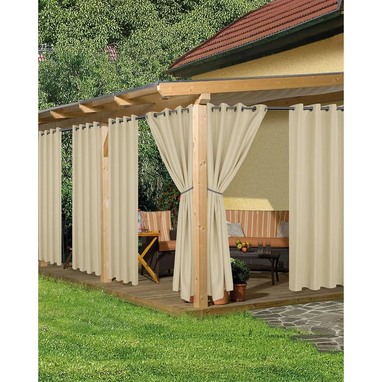 HolidayIdeas Polyester Outdoor Patio Curtains, 6 Panels (54x84 In) - Waterproof Grommet Top, Sunlight & UV Blocking Privacy Solution for Cabana (Cream), Six Panels