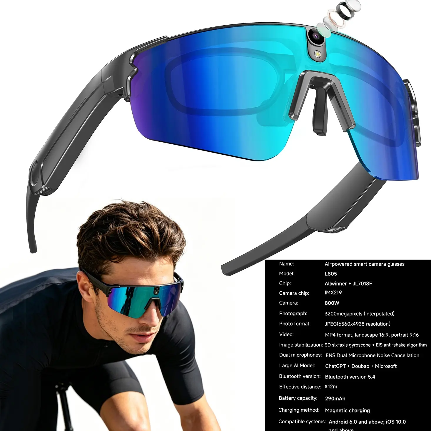 2026 New Ai Smart Sports Glasses, Outdoor Cycling Goggles, Cycling Eyewear, Bike Glasses, 800w Camera, HD Video Recording, Voice Translation, Photo Recognition, Wireless Transmission, Bluetooth-compatible Audio, Action Camera Sunglasses