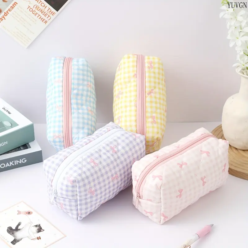 4PCS Gingham Pink Bow Print Quilted Pencil Case - Cute Zipper Fabric Storage Organizer, Portable Multifunctional Gym Accessory Pouch for Teen Girls, Sports & Outdoor Desk Decor