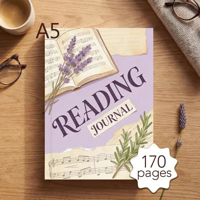 1pc A5 Reading Journal, 170 Pages Daily Reading Planner With Bookshelf Illustrations, 52 Book Review Templates, Lavender Music Sheet Book Design Notebook For Recording Quotes & Reflections, Suitable Christian Gift For Women Book Lovers