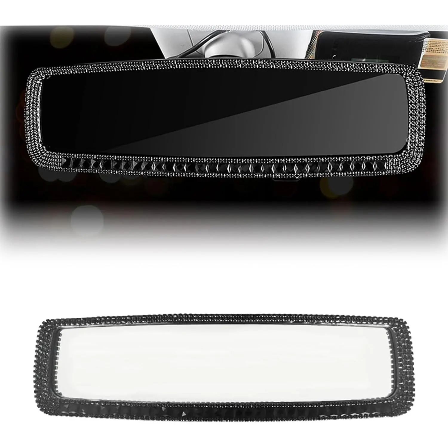 Bling Car Rear View Mirror, 10.51 Inch HD Glass Wide Angle Rearview Mirrors, Clip-on Crystal Diamond Panoramic Rear View Mirror Accessories, Bling Car Decorations for Women