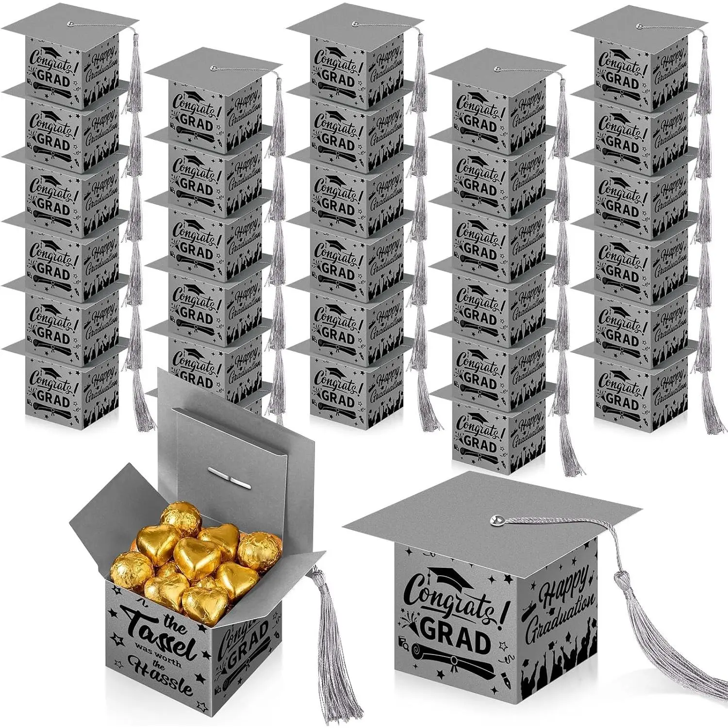 30 count Graduation Cap Candy Box 2026 Graduation Decorations Party Favors Gifts Grad Cap Box with Tassel for Candy  Biscuit Supplies(Gray)