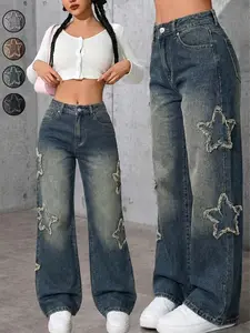 Women's All-Season Distressed Y2K Baggy Jeans, Vintage Wash Star Pattern, Streetwear Grunge Style