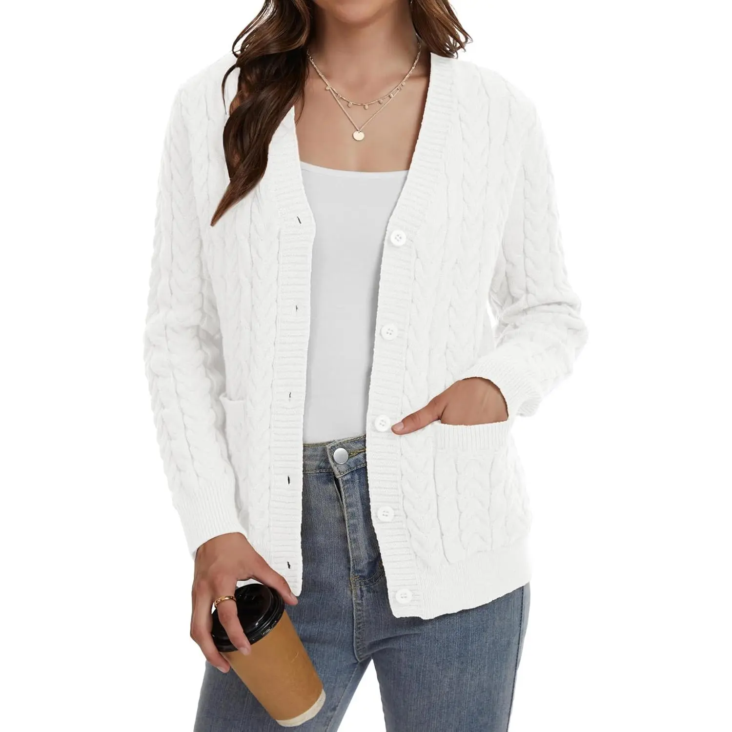VIISHOW Womens Cable Knit Open Front Cardigan Sweater Button Up V Neck Chunky Sweater Cardigans with Pockets Trendy Coat 2026 Knitwear Womenswear
