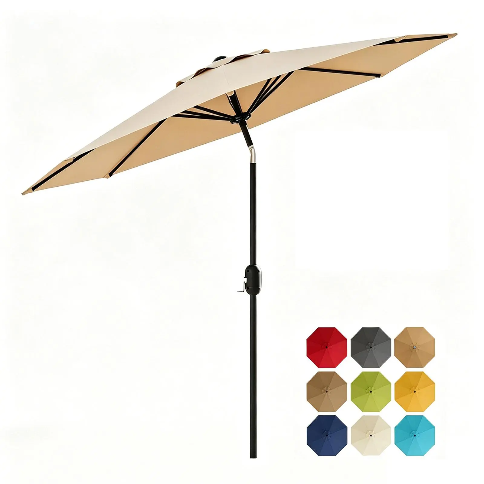 Garvee 9/10FT Outdoor Patio Market Umbrella, Multi-use Table & Yard Umbrella designed with 8 sturdy ribs, equipped with convenient push button tilt and crank lift for easy adjustment, ideal outdoor shade for daily use