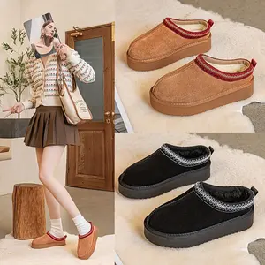 Women’s Ethnic Knit Trim Platform Mules, Faux Plush Lined Slip on Winter Warm Non Slip Outdoor Snow Boots