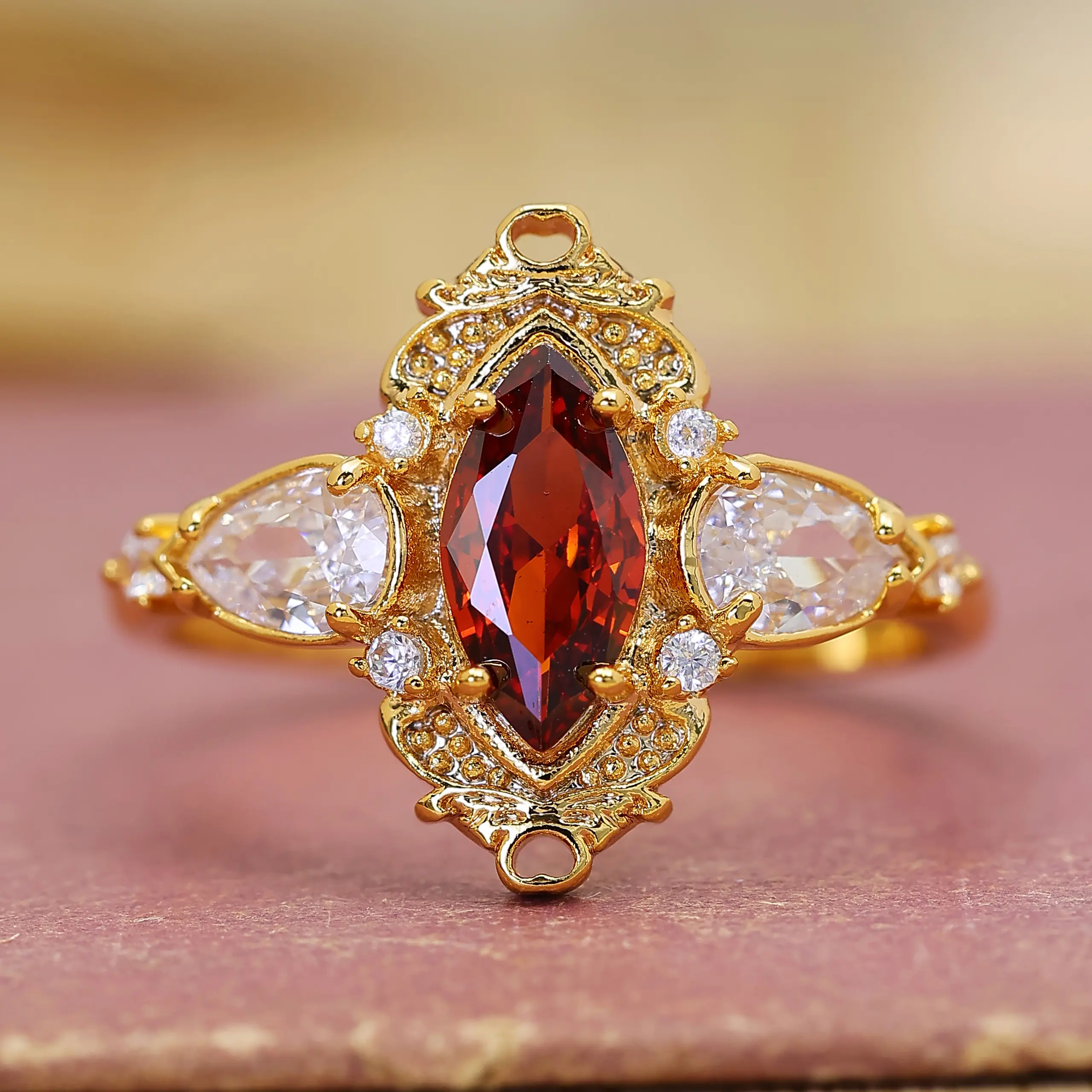 Luxury Golden-Tone Anniversary Ring for Women, Vintage Marquise Cut Red Statement Band with Intricate Details, Elegant Bridal Jewelry Gift for Weddings, Parties & Special Occasions, Gold Rings, Luxury Rings