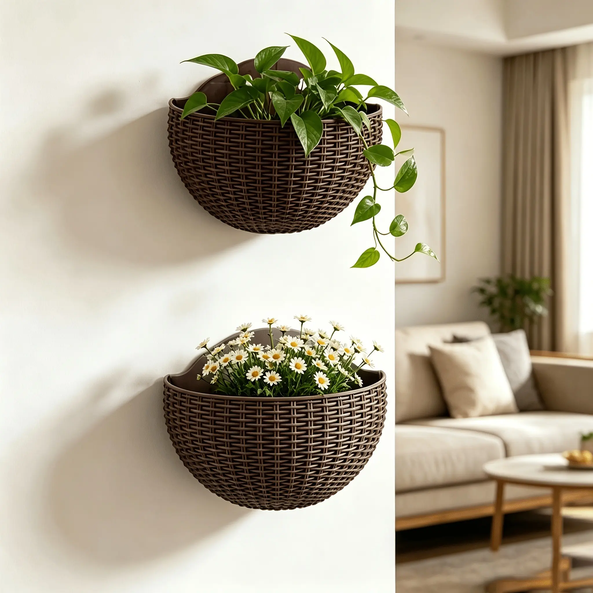 2pcs Woven Half Circle Wall-Mounted Garden Planters, Thick Plastic Material, Ideal for Balcony, Window Sill, Wall, Hanging Pothos, Spider Plants, Morning Glories