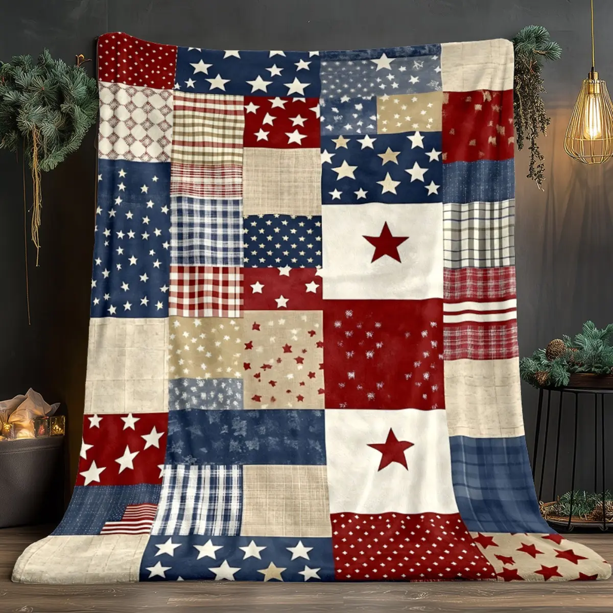 American Flag Flannel Throw Blanket - Vintage Patchwork Checkered Decorative Soft Warming Cover, 4th of July Farmhouse Couch/Sofa/Bed Accent, Camping Outdoor Picnic Gift for Veterans, Decorative Blanket, Soft Warming Blanket