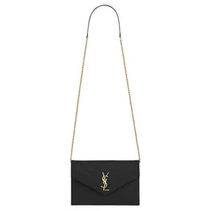 Saint Laurent YSL Envelope Chain Bag for Women – Quilted Grain-Embossed Leather, Gold Logo, Black