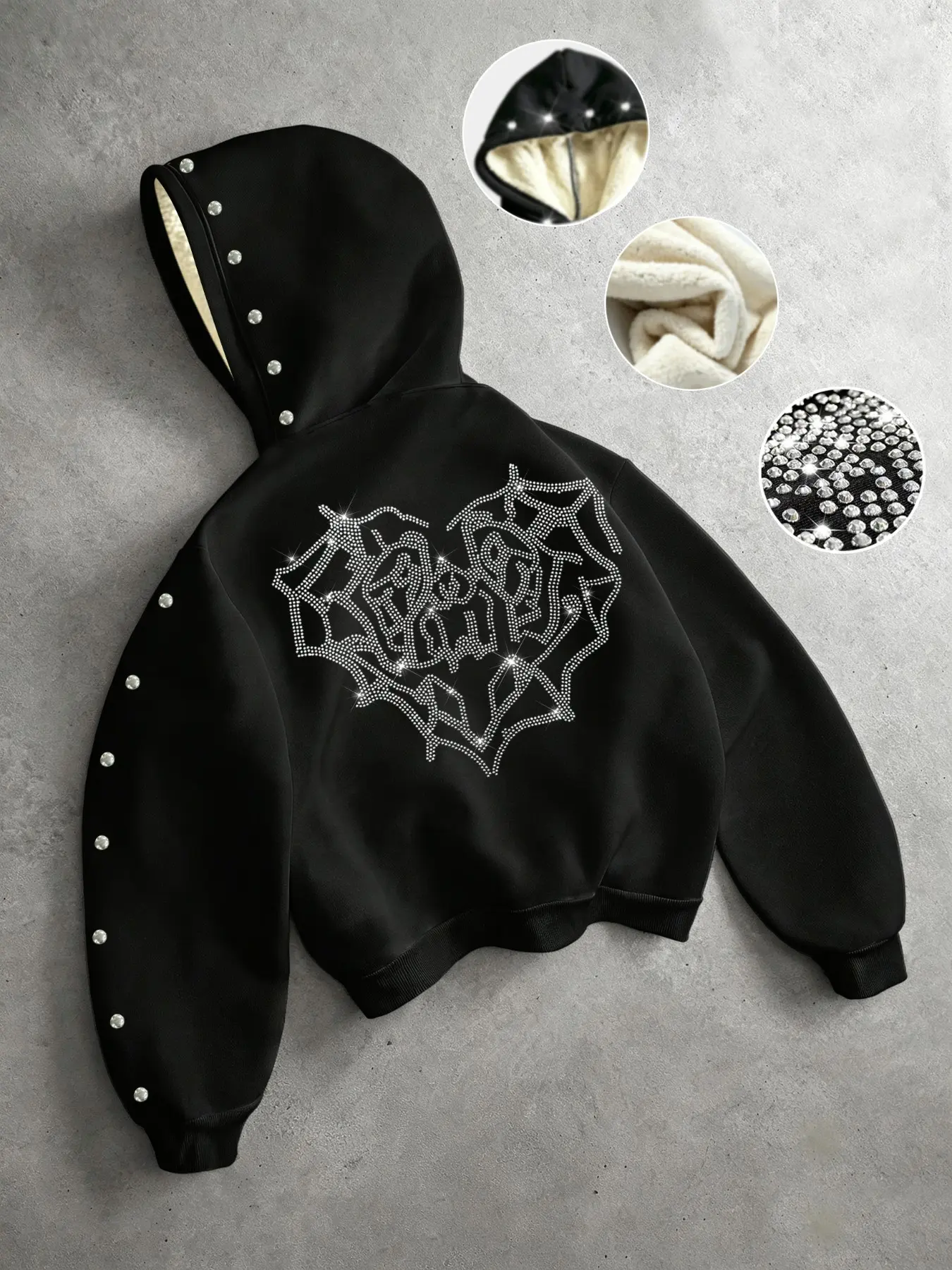 Vintage Streetwear Men's Hooded Sweatshirt, Casual Fashionable Outerwear, Rhinestone Heart Pattern, Fleece Lining, Loose Fit, Warm and Cozy, Perfect for Social Events