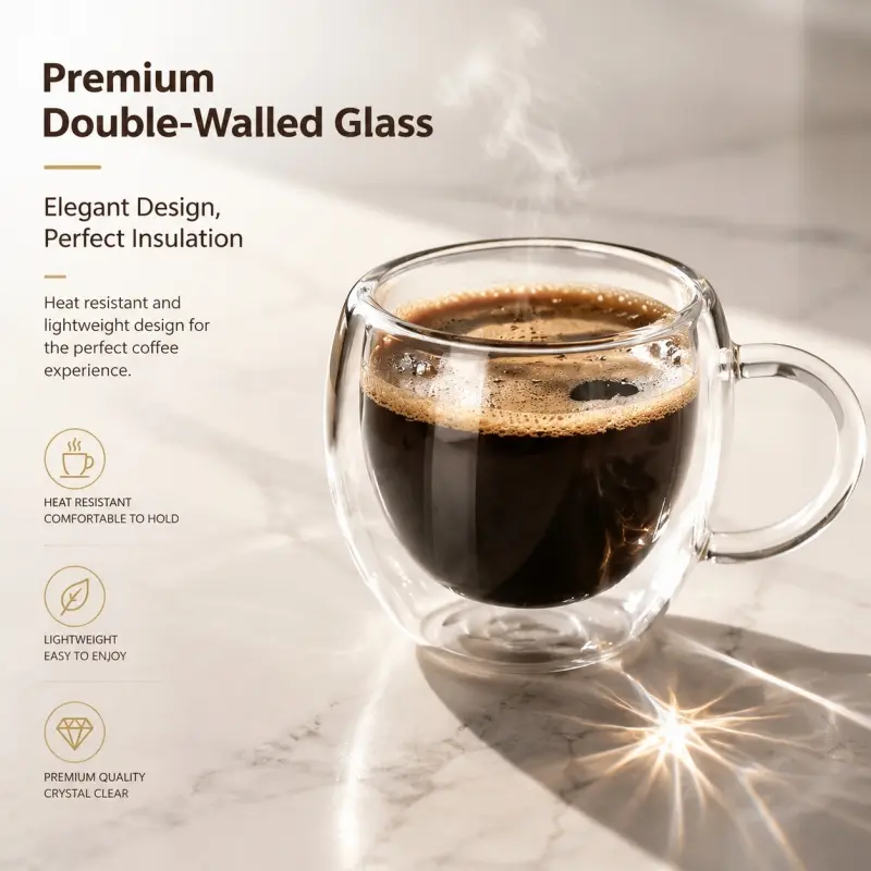 6-Pack Double Wall Espresso Glasses, 80ml Insulated Small Coffee Cups with Handle,  Glass  Elegant Design for a Warm & Comfortable Sipping Experience
