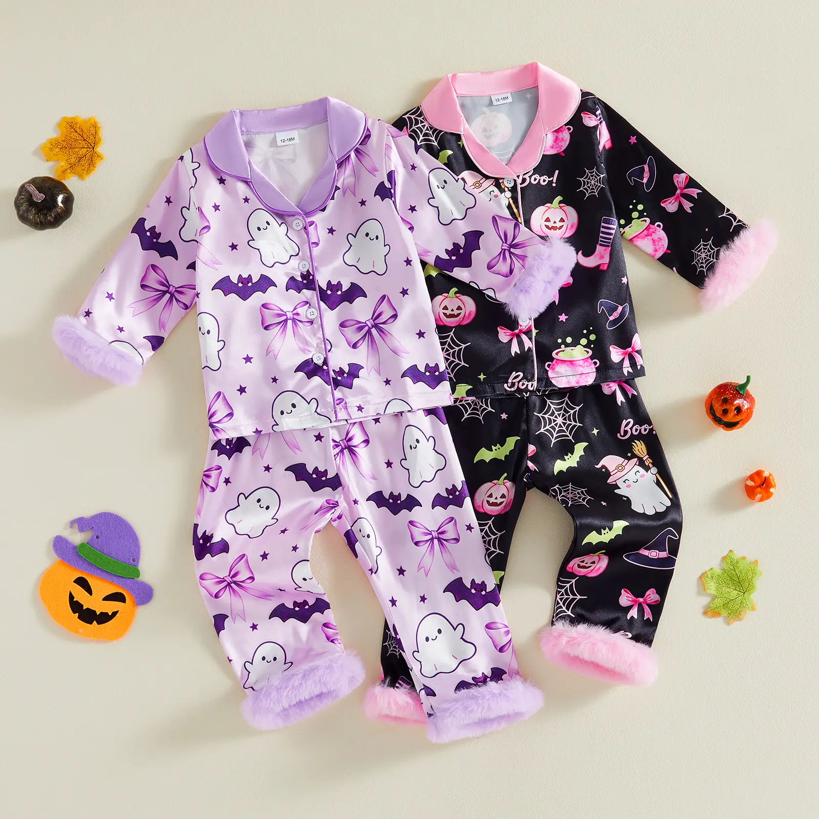 Halloween Pajamas Kids Pjs Set Toddler Baby Girl Silk Fuzzy Long Sleeve Top Pants Set Matching Sleepwear Loungewear