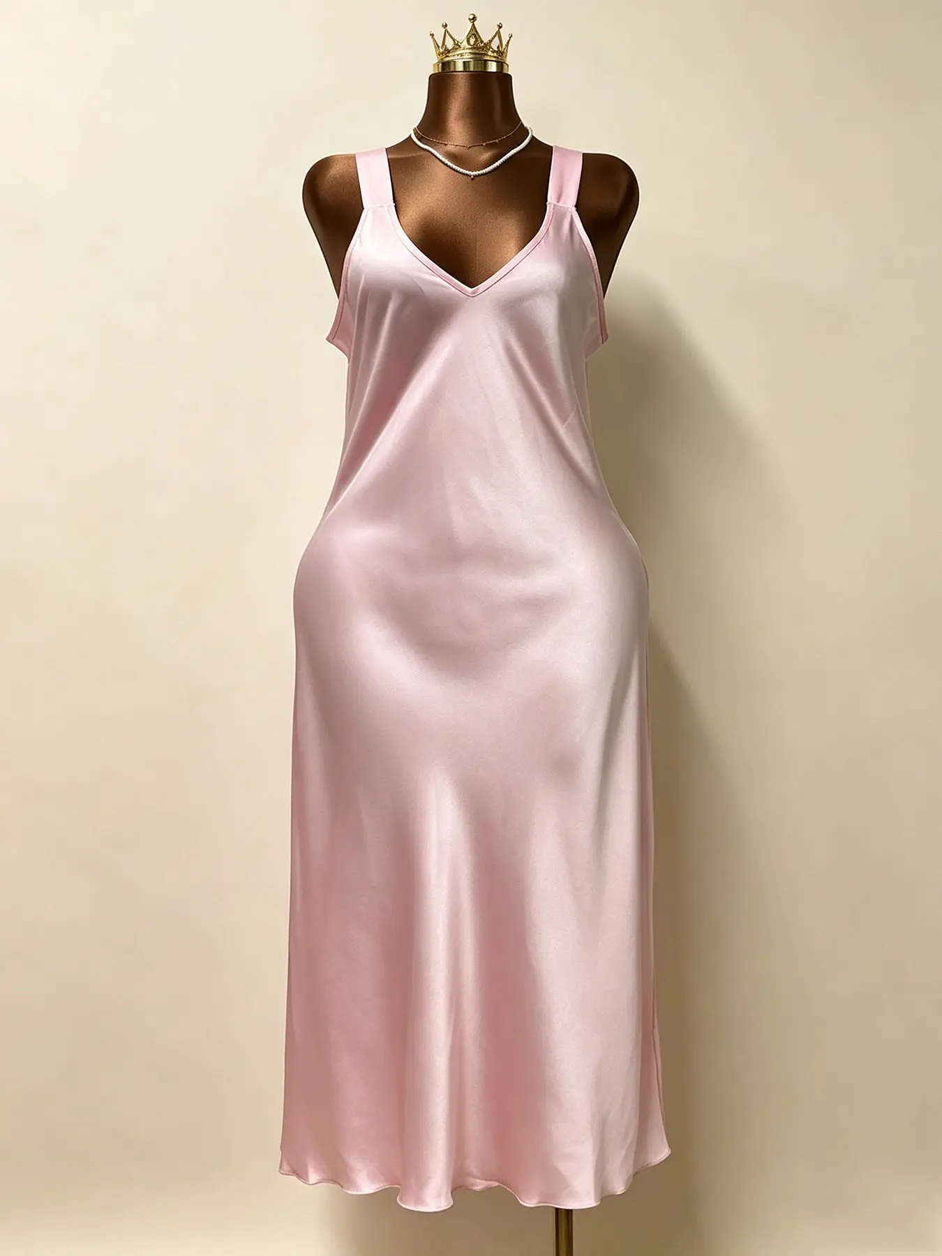 Pastel Pink Silky Gloss Slip Night Gown, Loose Flowy Hem V-neck Satin Dress, All-match Bedroom Lingerie for Sleepovers & At-home Relaxation