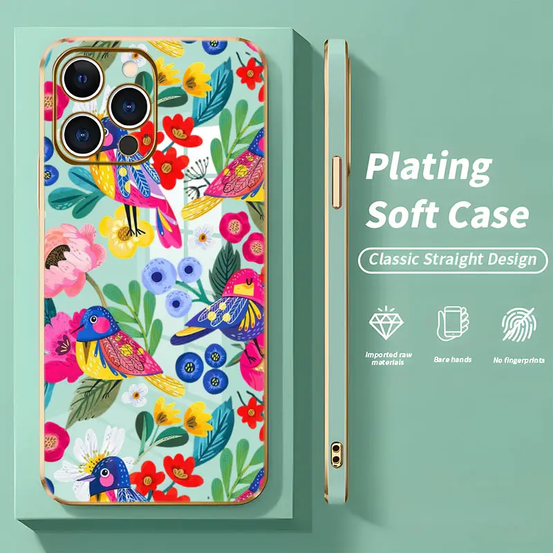 Colorful Bird Wildflower Phone Case,Whimsical Folk Botanical Style for iPhone 17 16 15 14 13 12 11 Plus Pro Max,Cheerful Nature Inspired Daily Present Gift