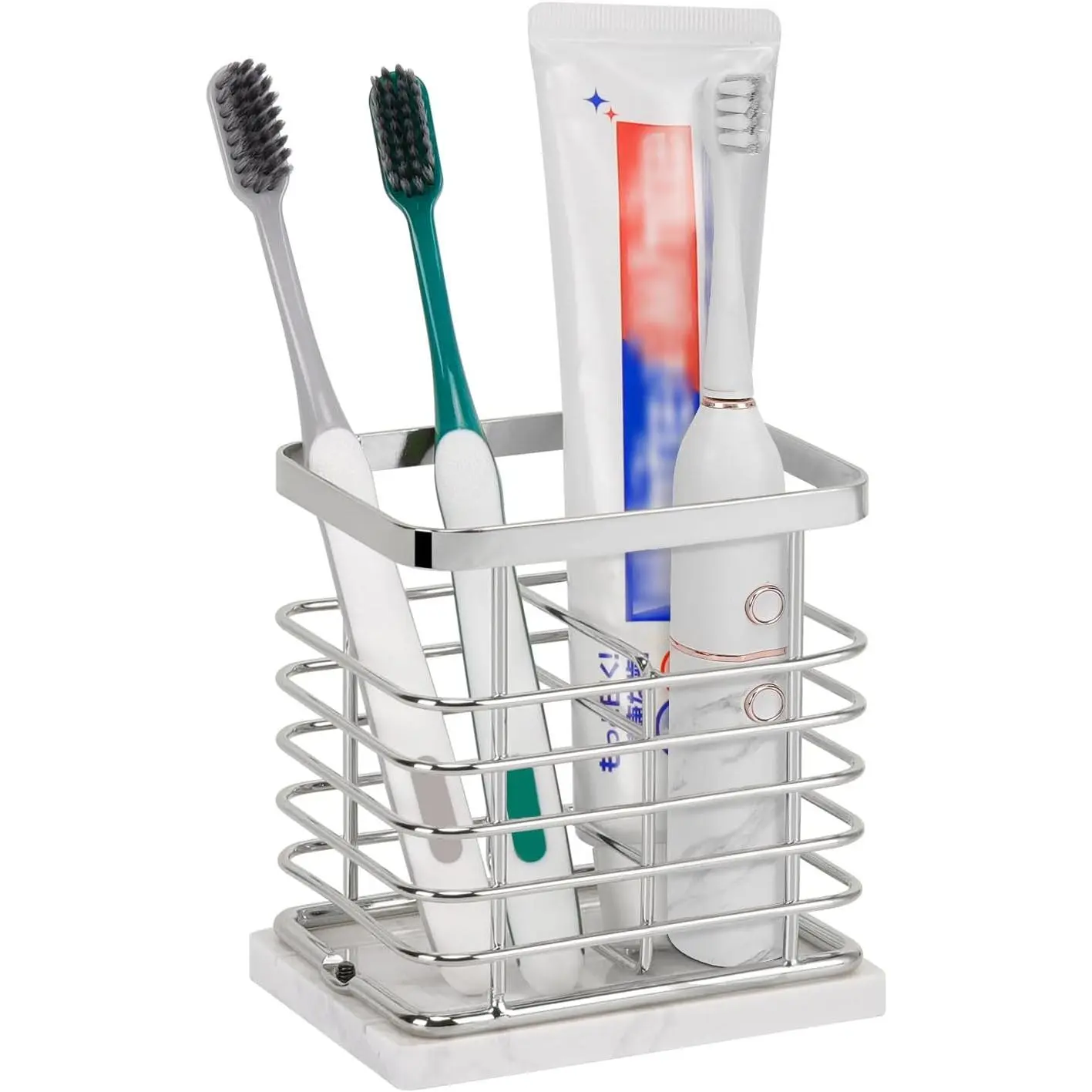 Toothbrush Holder, Luxurious Toothbrush Toothpaste Holder with Marble Base for, Multi-Slots Openwork, Accessory for and Organizer (Small, Chrome)