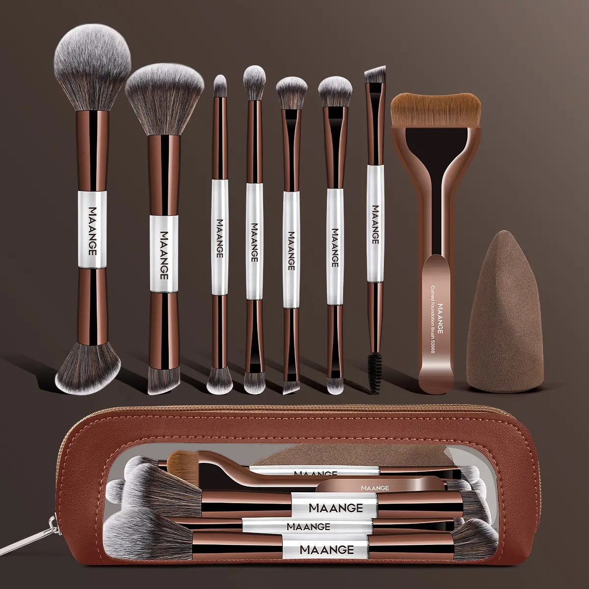 Maange 10-Piece Make Up Tools Set, Includes 8 Brushes, Powder Puff, Brush Case, Foundation, Blush, Loose Powder, Eyeshadow, Mascara, Highlighter Brushes