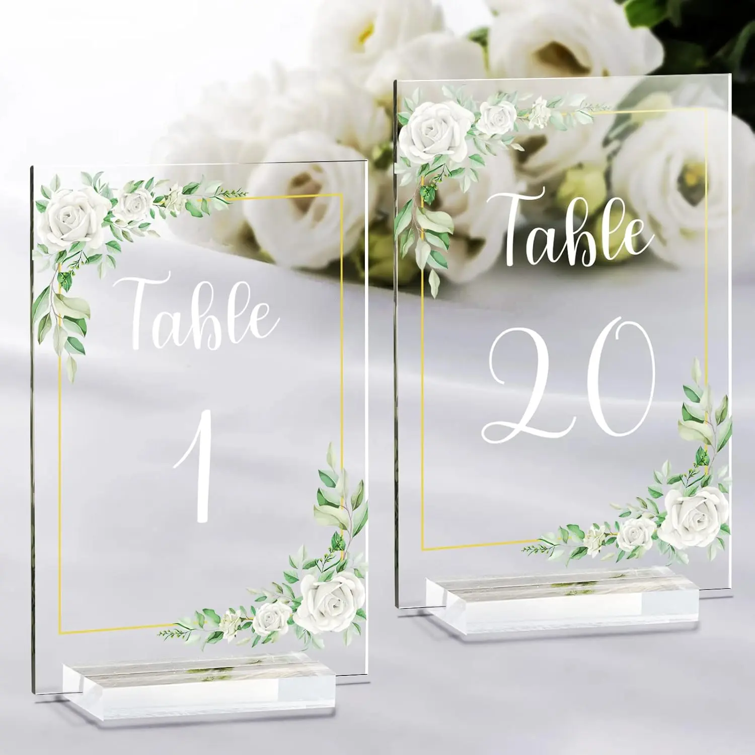 White Rose  Wedding Table Numbers 1-20, 4x6 Inch Printed Calligraphy Table Number with Stands, Clear Numbers Signs and Holders,  for Wedding Reception Anniversary Event