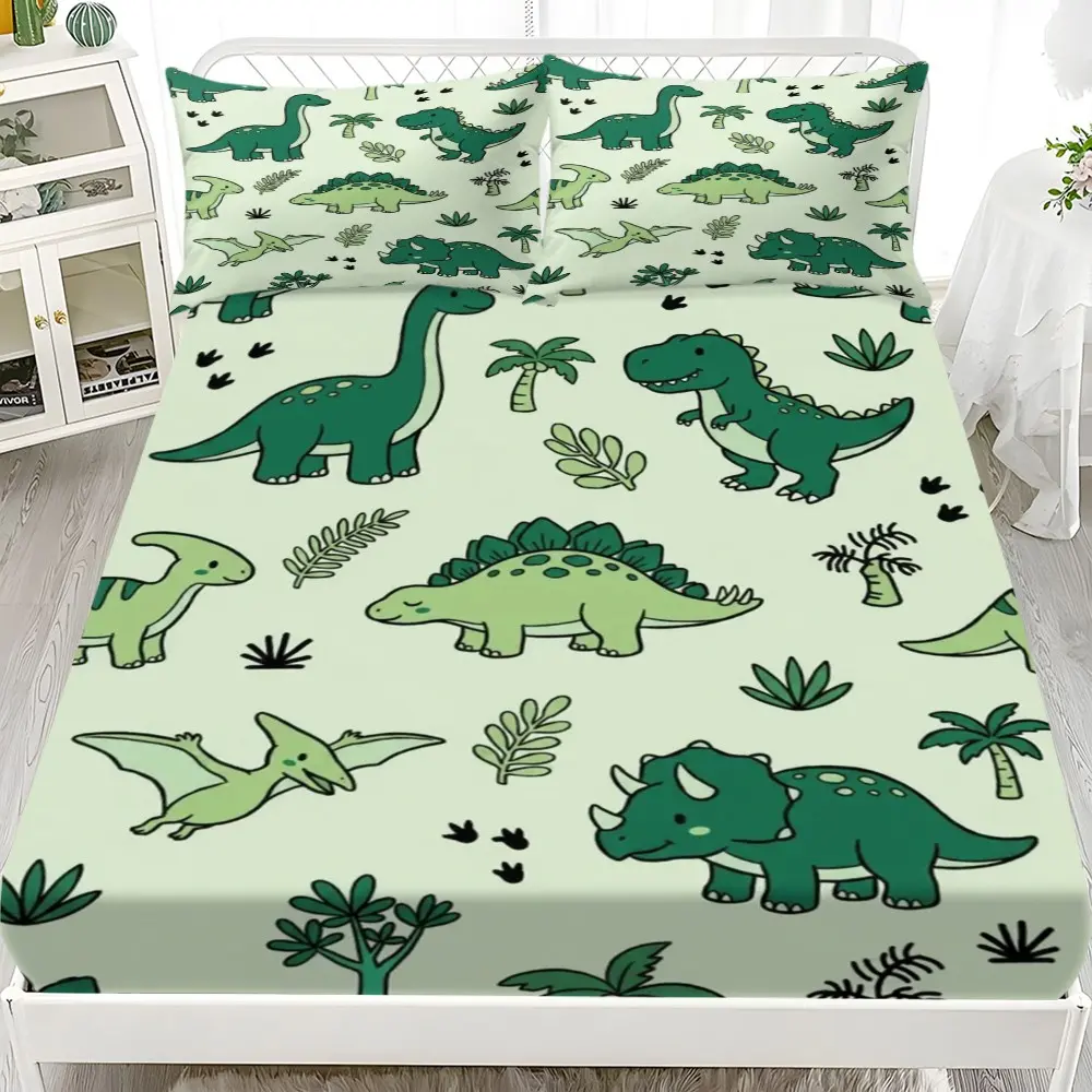 Cute Cartoon Dinosaur Print Bed Sheet Pillowcase Set, Light Jurassic Plant Pattern Elastic Mattress Cover, Kids Bedroom Bedding Bedding Sets
