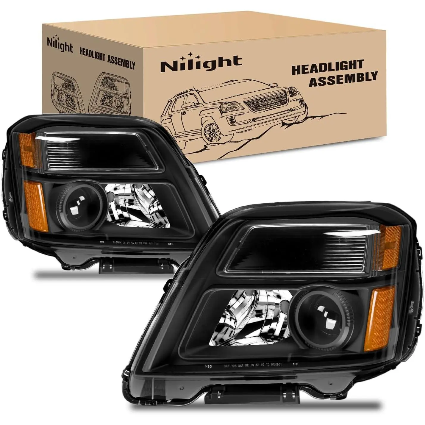 Nilight Headlight Assembly Compatible with 2010 2011 2012 2013 2014 2015 GMC Terrain Halogen Projector OE Style Replacement Headlights Black Housing Amber Reflector Headlamp Passenger and Driver Side