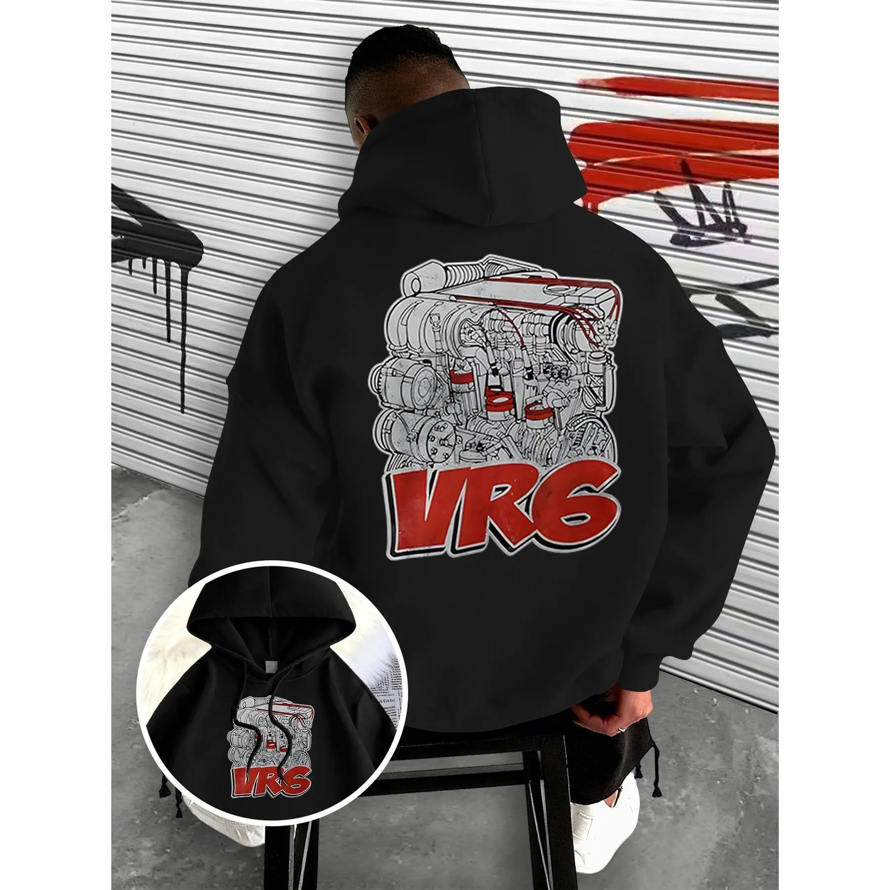 New autumn/winter men's warm, thickened hooded sweatshirt with drawstring front and back, featuring an engine VR6 print. Unique, trendy, casual, and versatile unisex style.