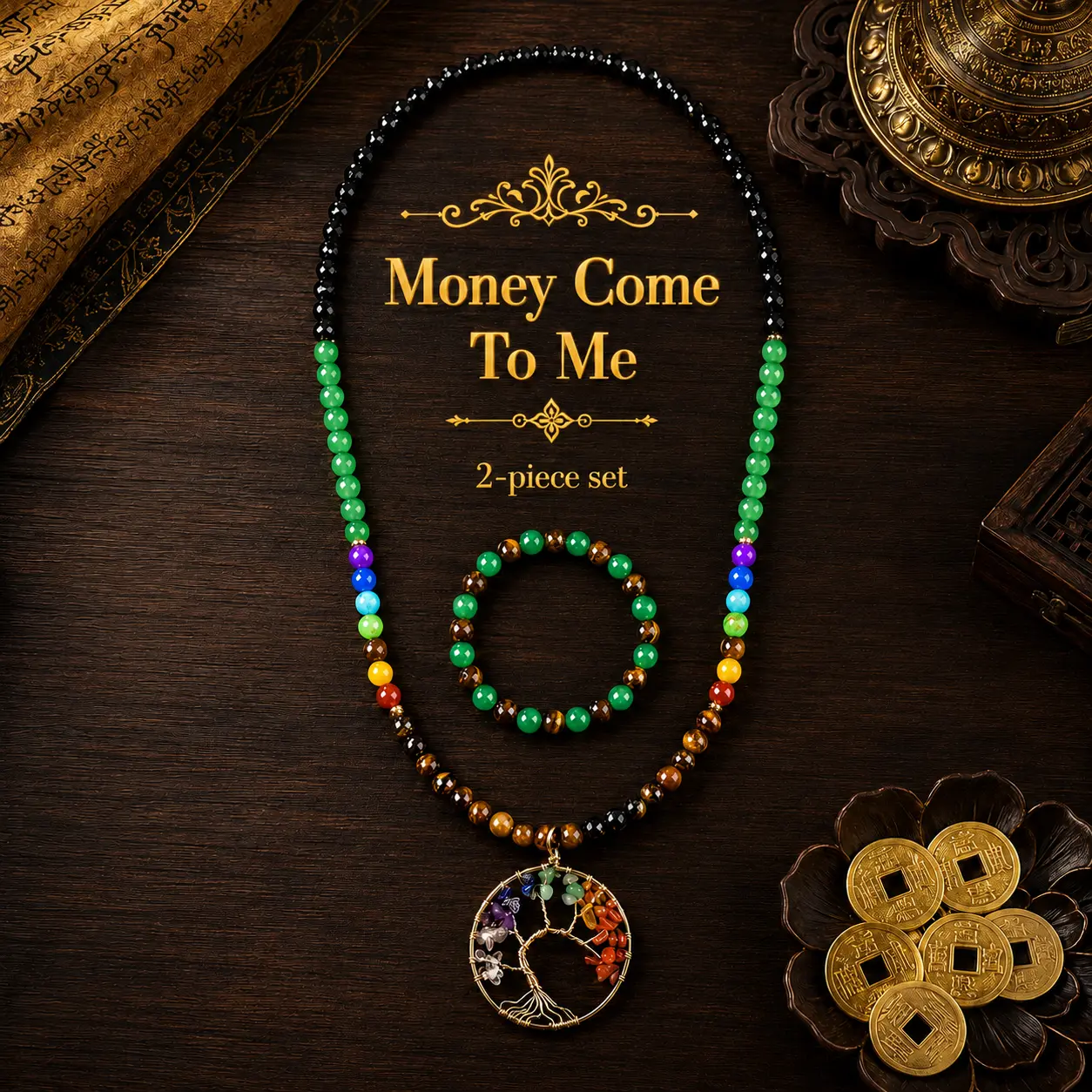 Arpurraina Tree of Life Jewelry Set for Adults - 7 Chakra Pendant Necklace, Tiger Eye & Obsidian Bead Bracelet, 25g Crystal Spiritual Items for Wealth, Protection, Positive Energy