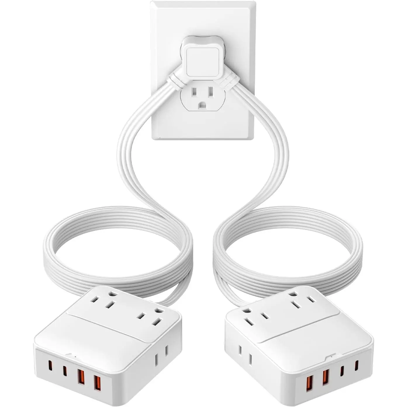 Split Extension Cord 12FT Flat Plug Twin Power Strip 6ft Power Splitter on Each Side with 4 AC Outlets, 2 USB-A & USB-C, Nightstand Charging Station for Bedroom Dorm Room Home