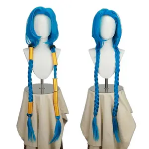 “League of Legends” Jinx Cosplay Wig with Blue Braids, Heat-Resistant Synthetic Fiber, Comic Convention & Gaming Wig