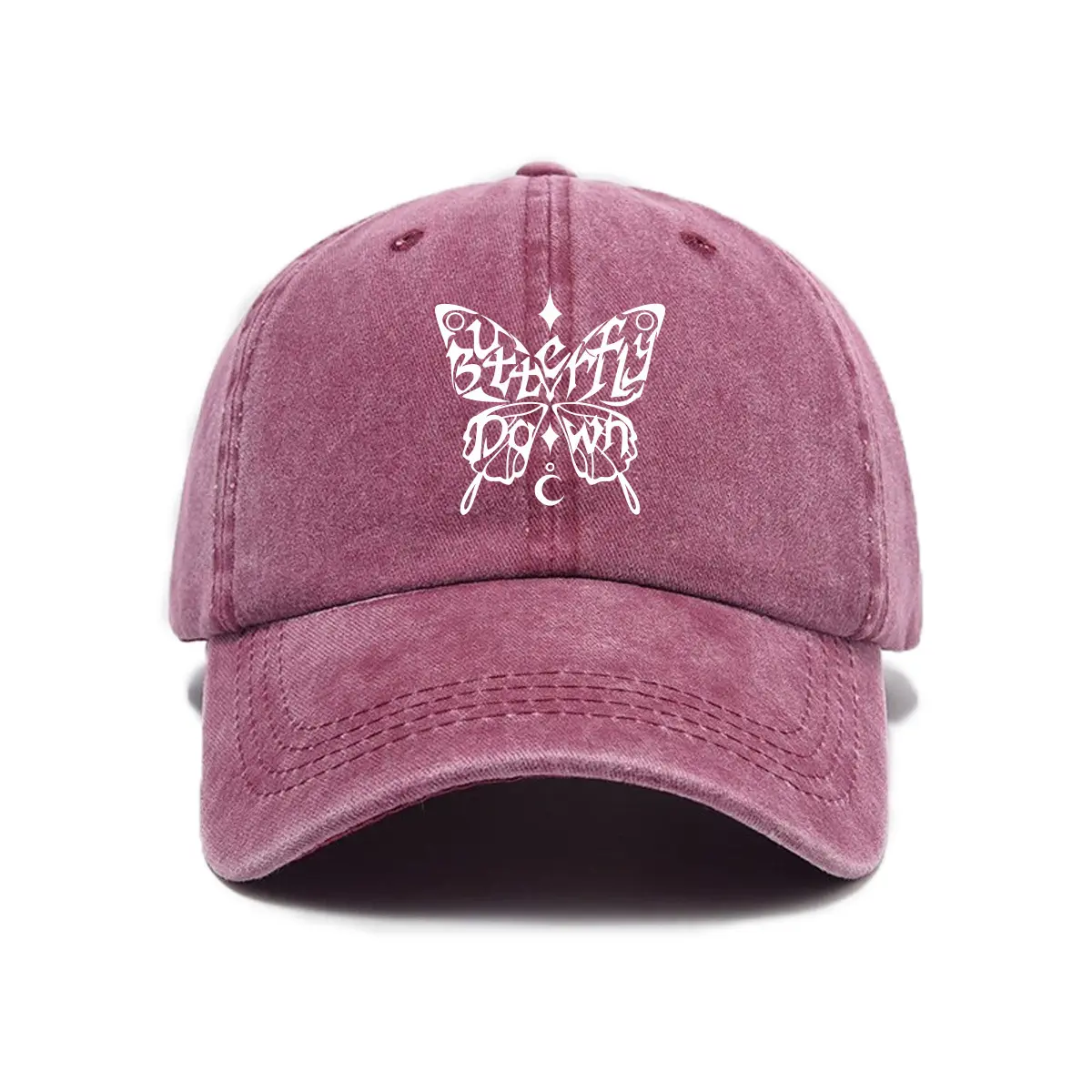 Wine Red Washed Cotton Vintage Unisex Dad Hat - Butterfly Moon Star Graphic Print, Adjustable All-Seasons Casual Sun Trucker Hat, Retro Aesthetic Fashion Headwear, Gift for Women