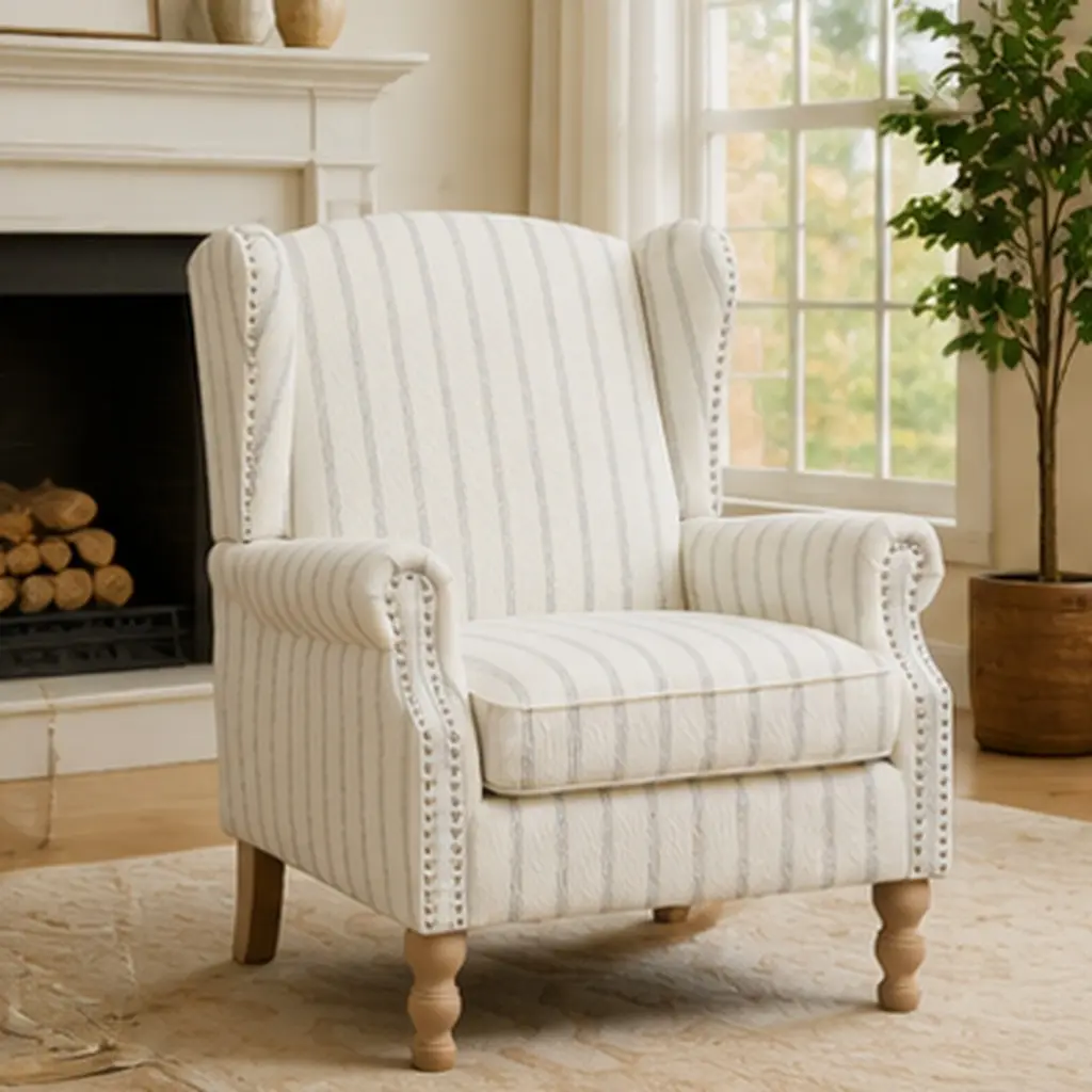 ARCH Modern Accent Armchair with Retro Wood Legs Comfy Upholstered Single Sofa Chair Floral Stripe Design for Living Room Bedroom Office Reading Room, Living Room Furniture for Apartment, Lounge, Family Room, Office and Home Seating