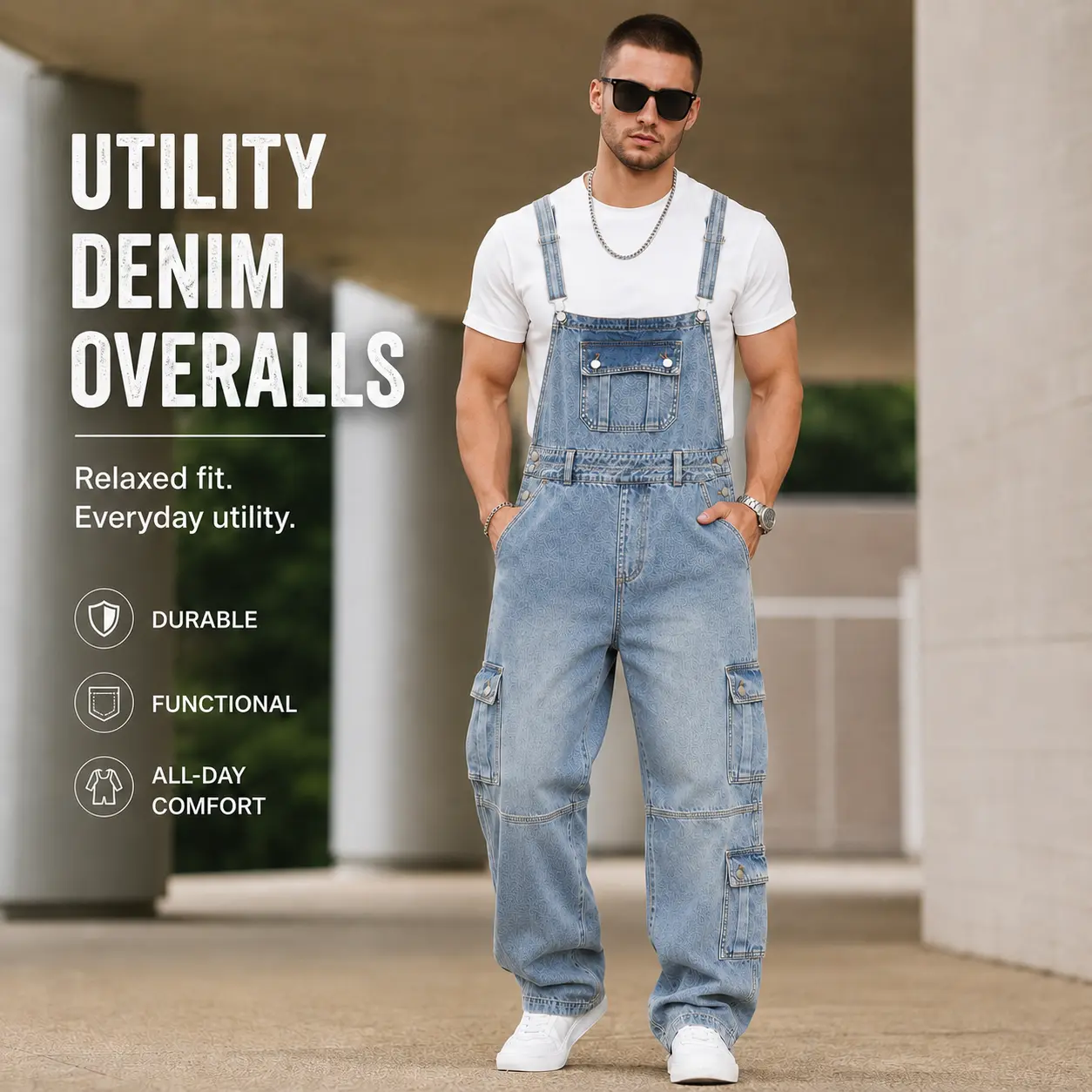 Men’s Denim Overalls Light Wash Cargo Bib Pants Relaxed Fit Straight Leg Workwear Jumpsuit Adjustable Straps Multi Pocket Utility Jeans Streetwear Casual Loose Fit Carpenter Overalls for Men Women Daily Wear Vintage Blue Denim Streetwear Outfit