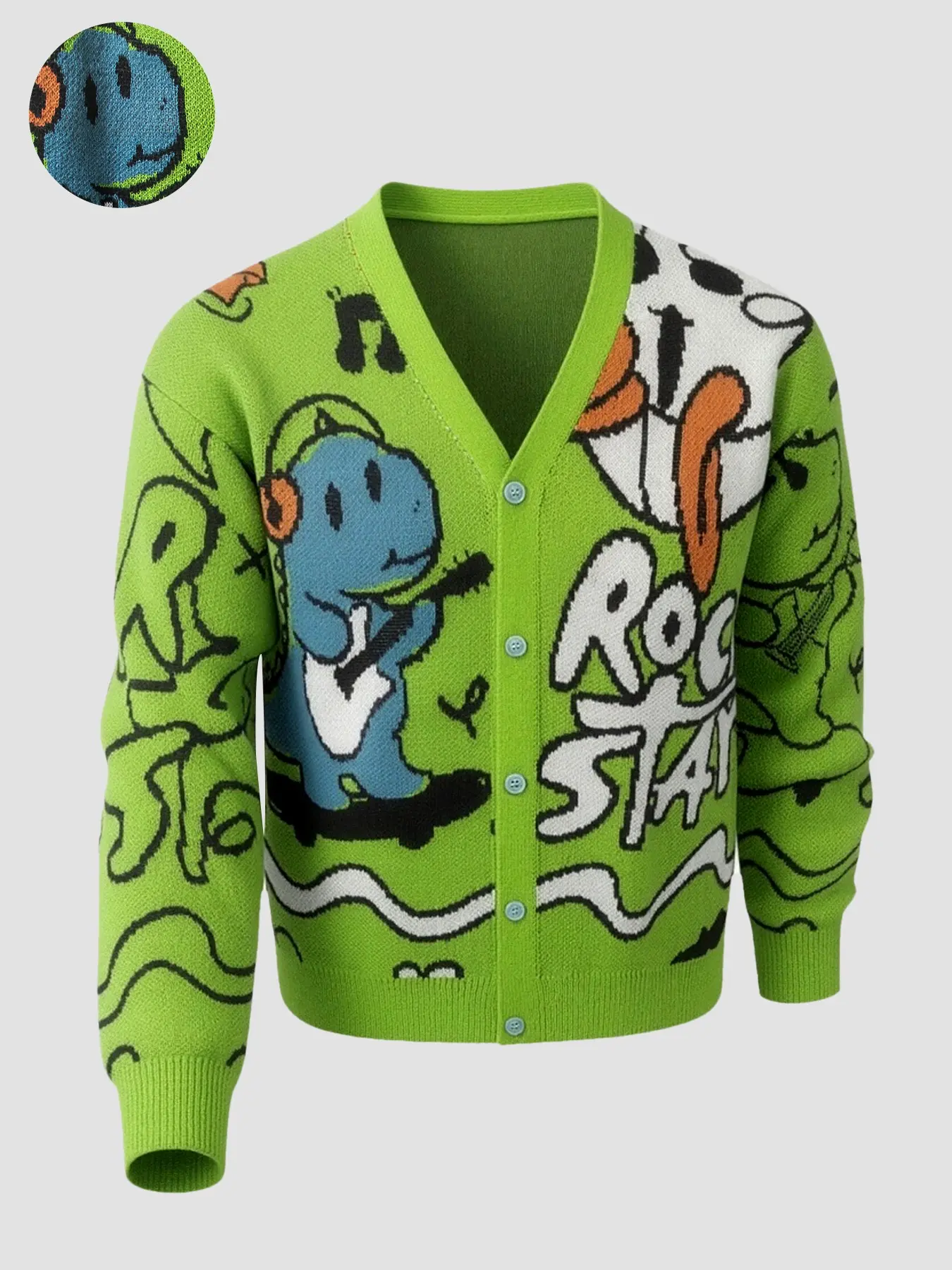 Men's V-Neck Knit Jacket, Cartoon Rock Star Dinosaur Skateboard Pattern Graphics Button-Up Sweater, Bright Casual Street Style Outerwear