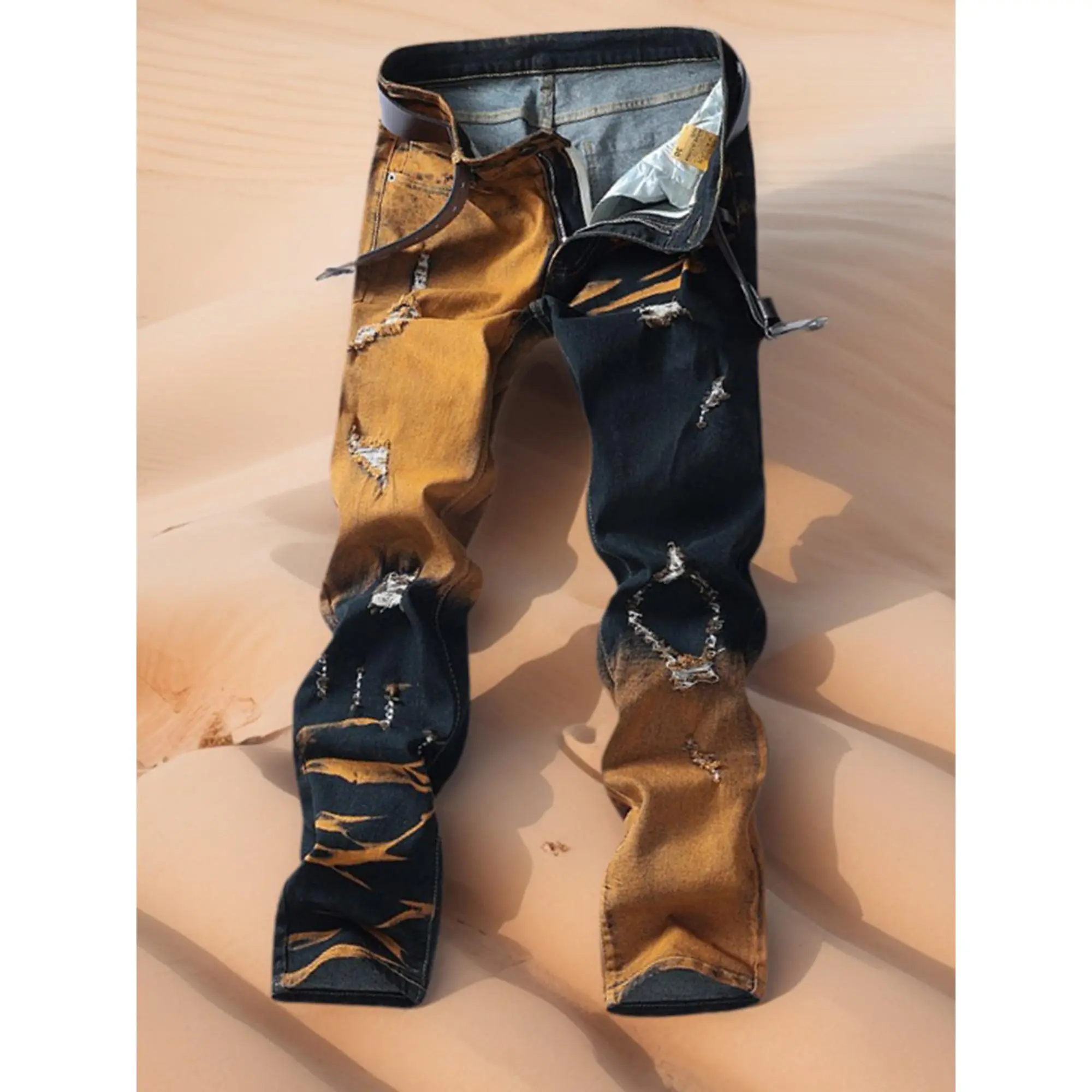 Men's Khaki American-Style Distressed Straight-Leg Long Jeans - Retro Style, 90s Look, 90s Grunge, Colorblock, All Seasons, Unique Design, Multiple Pockets, Large Sizes, Retro Patches, Durable Fabric, Distressed Men's Jeans, Foldable, Full Length, Men's P
