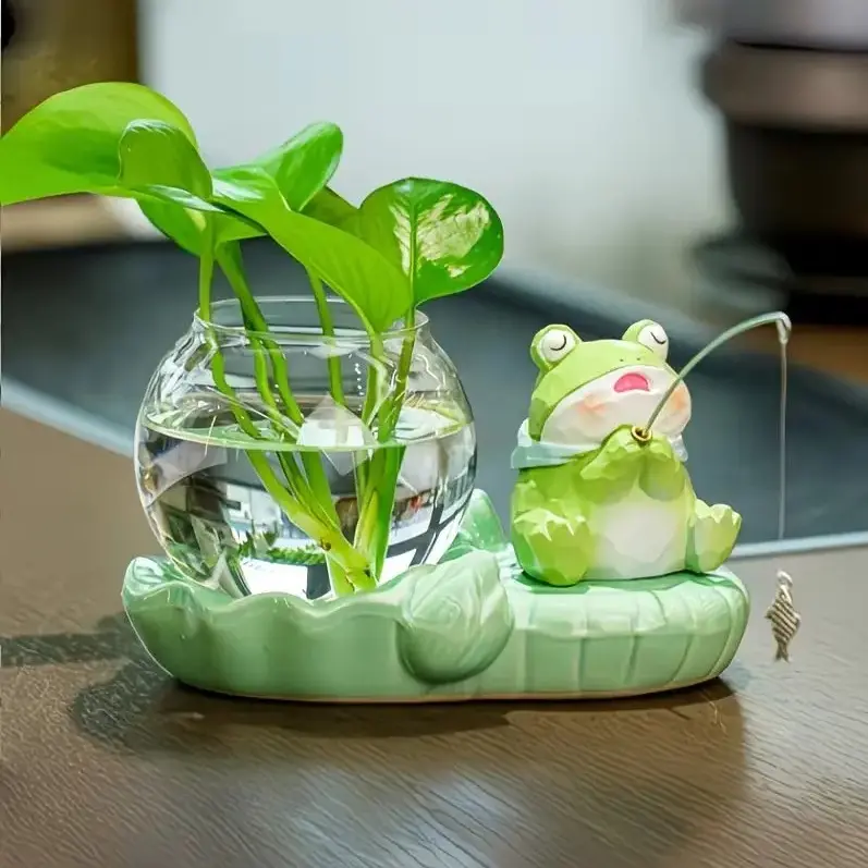 Cute Fish Pond Hydroponic Flower Pot - Ceramic Cat/Frog Shaped Decorative Planter without Plants, Office Desktop Healing Gift Hydroponic Vase, Flower Pots & Planters